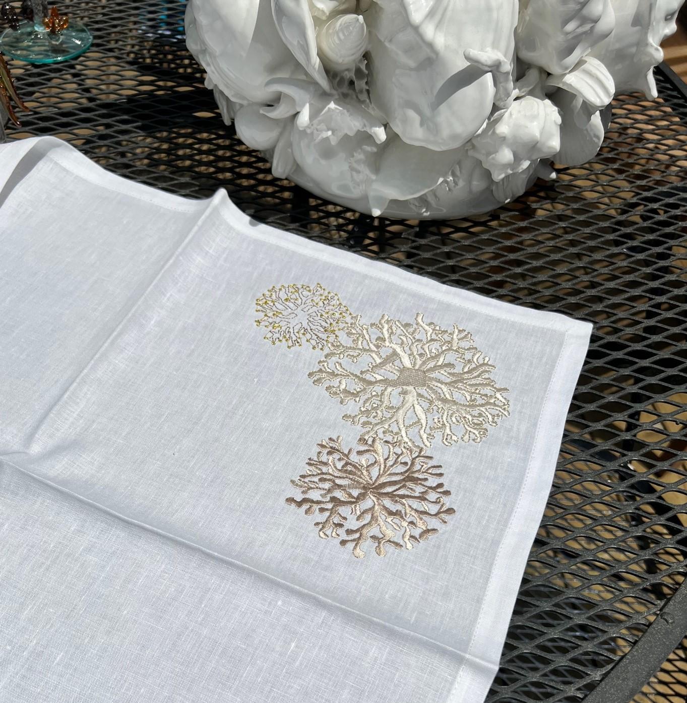 Contemporary Kim Seybert Embroidered Napkins, Golden Sea Coral on White Linen