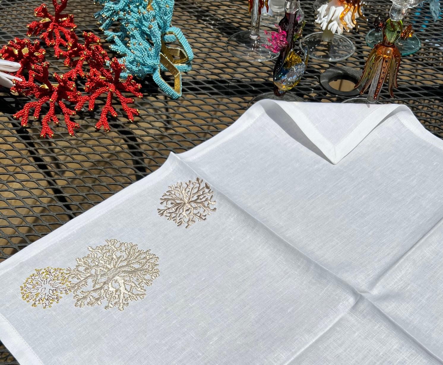 Kim Seybert Embroidered Napkins, Golden Sea Coral on White Linen 1