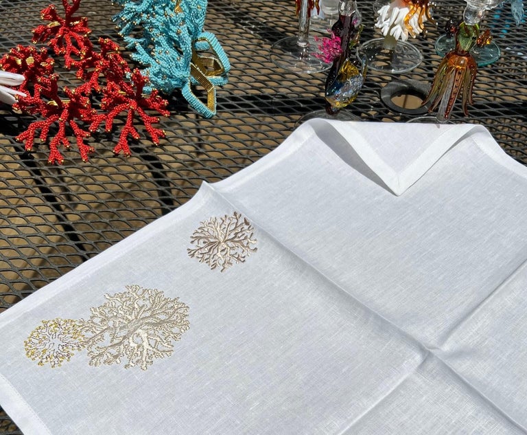 Kim Seybert Embroidered Napkins, Golden Sea Coral on White Linen For