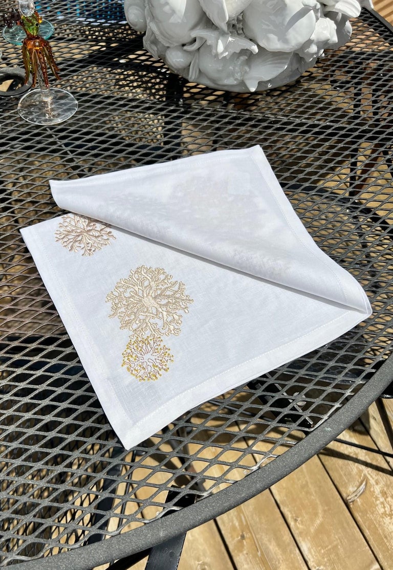 Kim Seybert Embroidered Napkins, Golden Sea Coral on White Linen For
