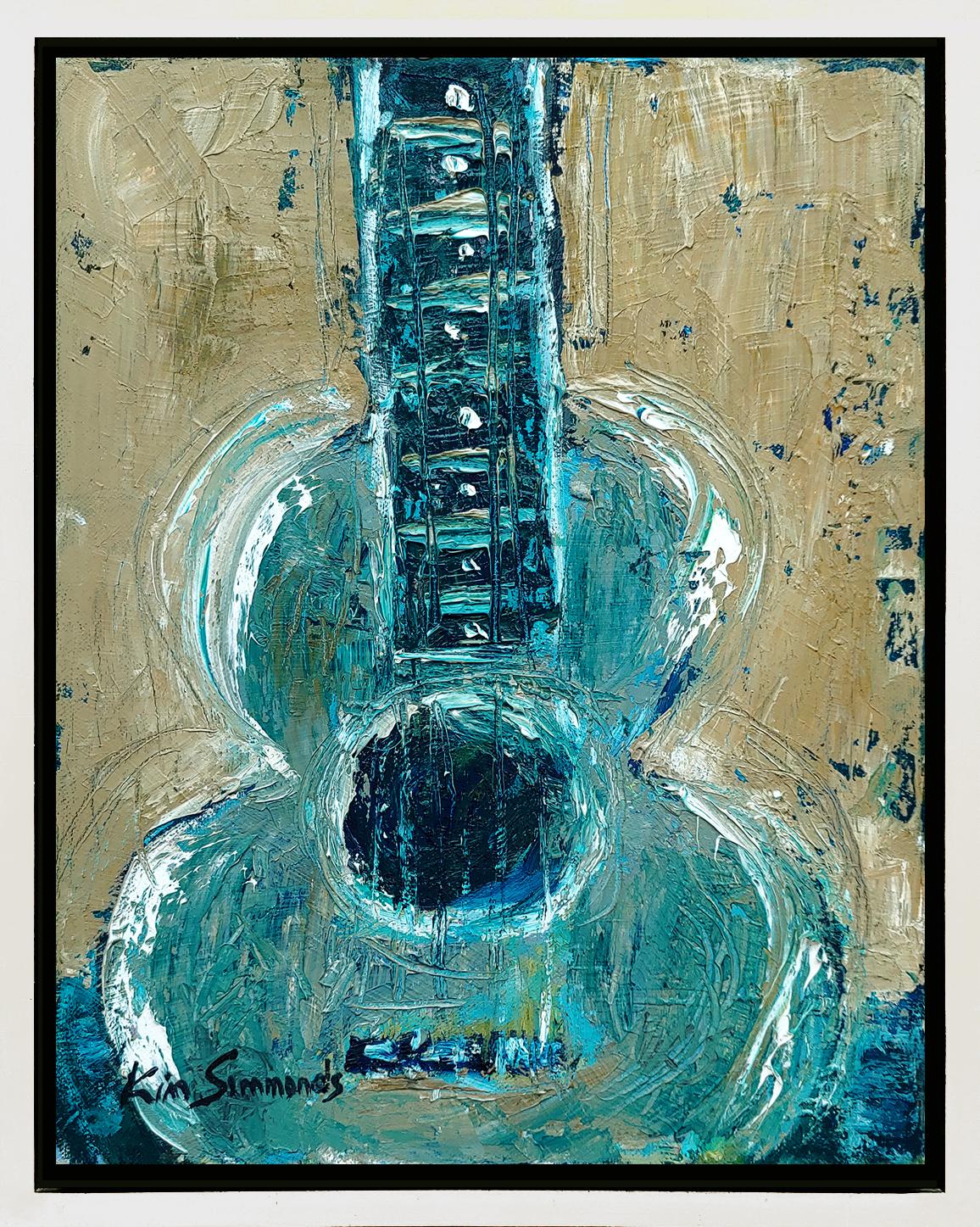 guitare bleue et grise  acrylique sur toile signée 14x11 format encadré