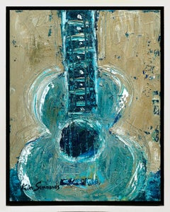 Blue Gray Guitar  signed acrylic on canvas 14x11 framed size
