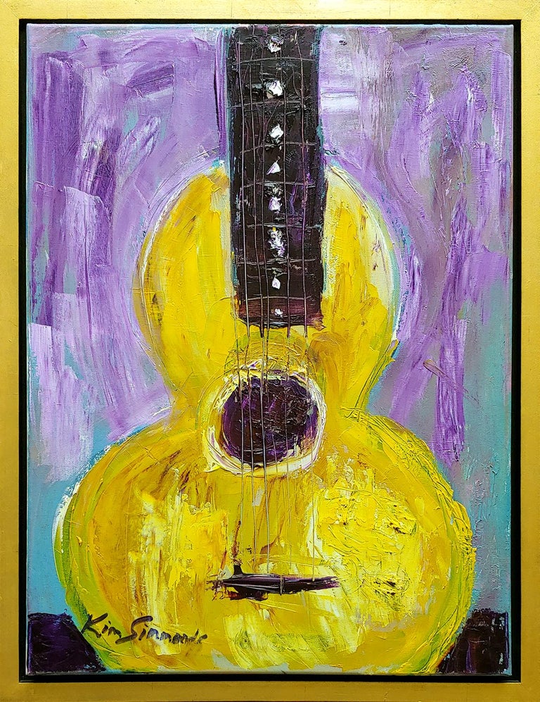 Kim Simmonds Still-Life Painting - "Guitar in Yellow" acrylic on canvas by Rock and Blues legend KS of Savoy Brown