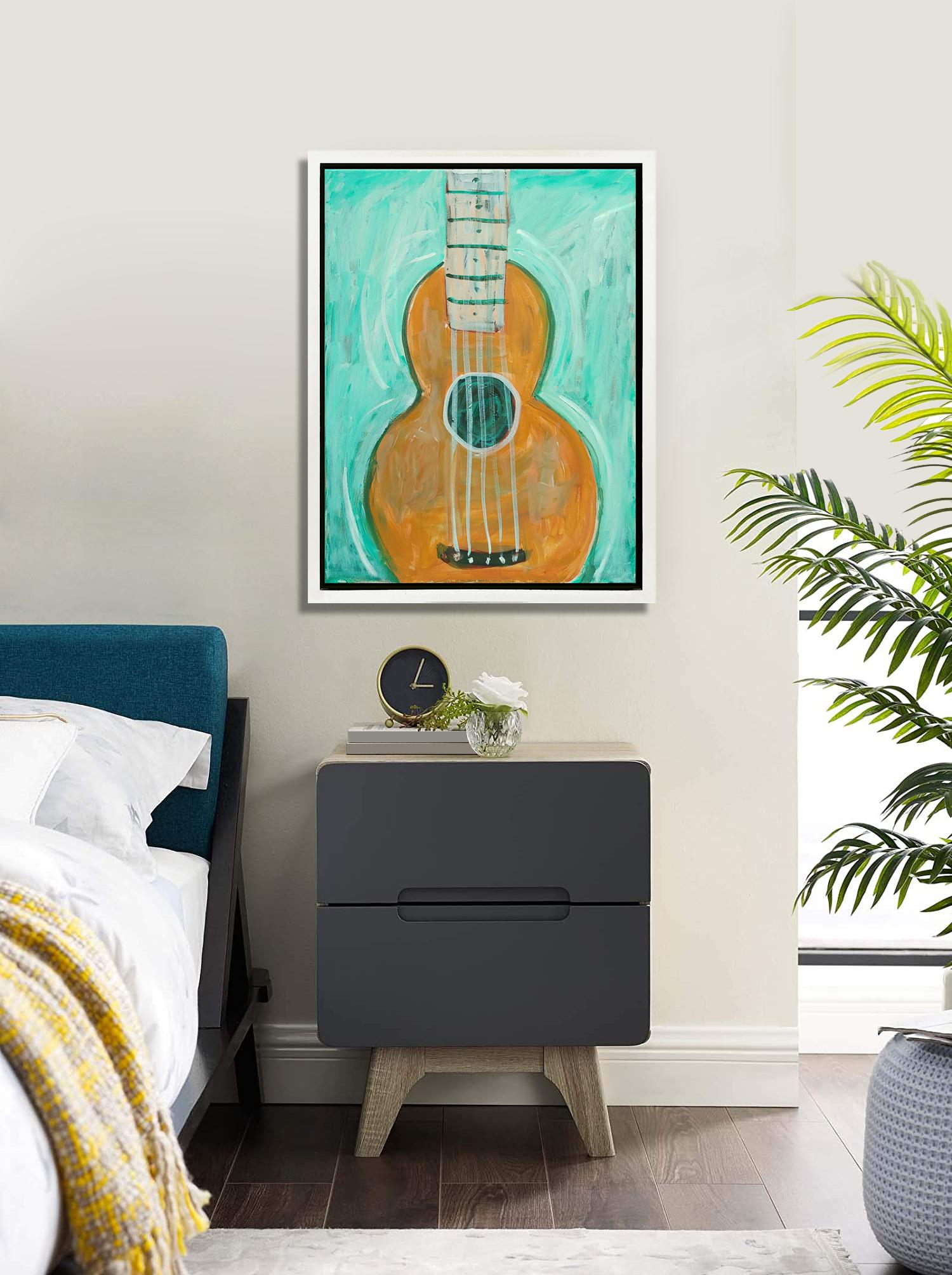 Guitar with Maple Neck  acrylic on canvas 26x20 framed - Painting by Kim Simmonds