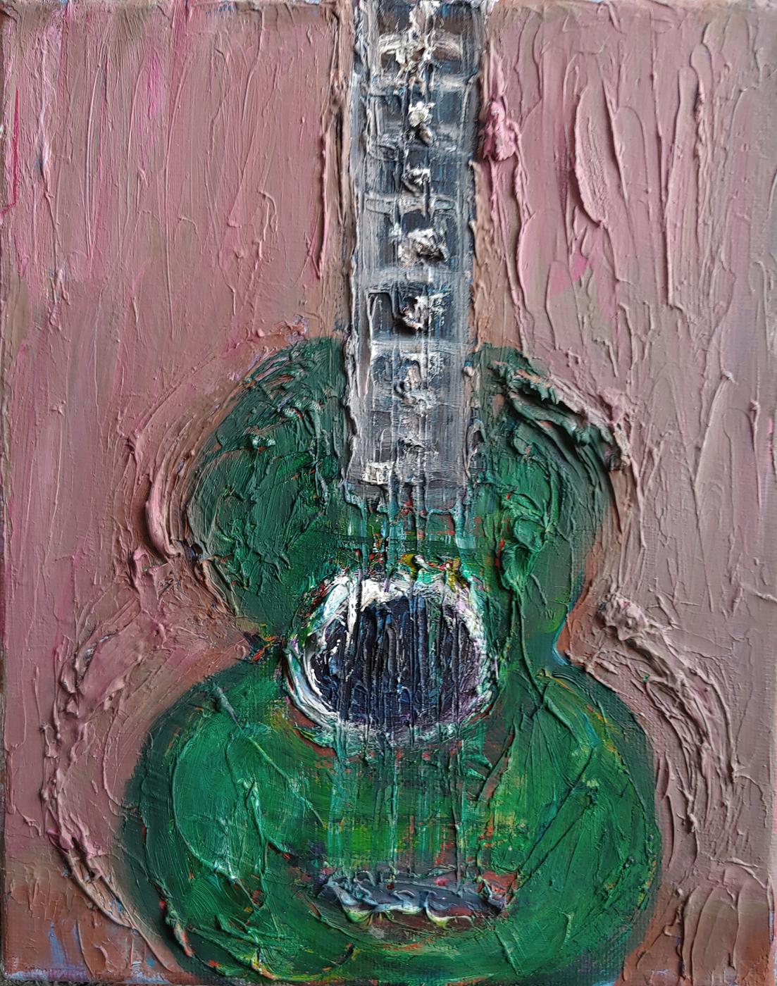 Guitarra verde de textura gruesa 10x8 - Painting de Kim Simmonds