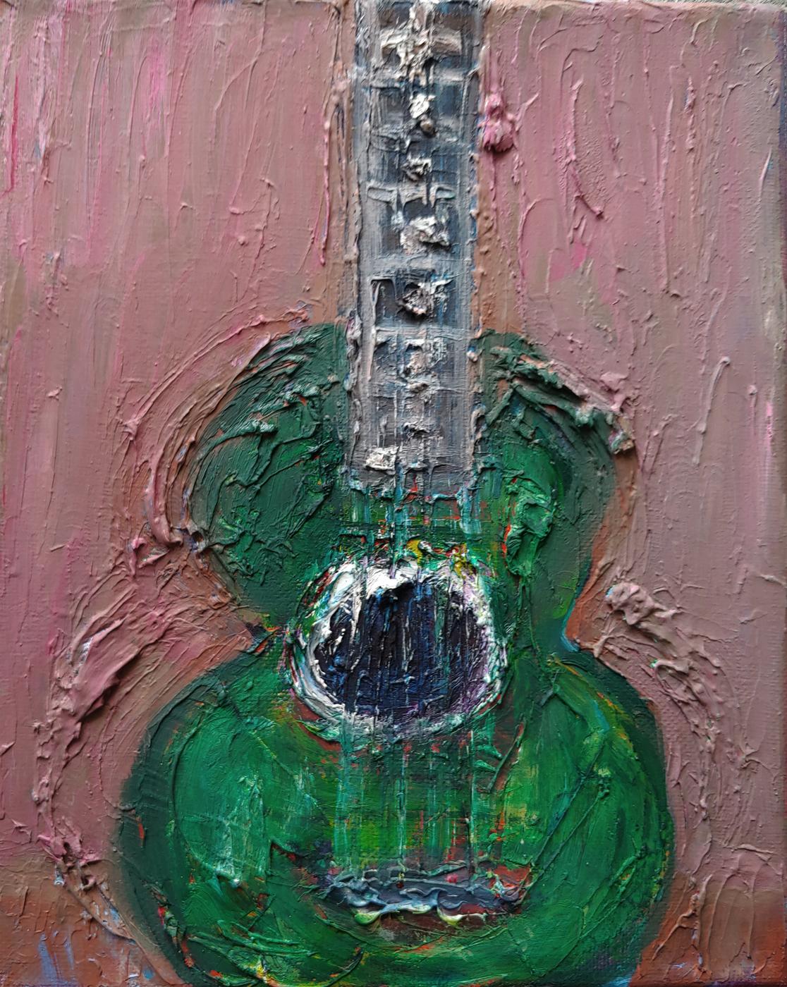 Guitarra verde de textura gruesa 10x8 - Still-Life Painting Marrón de Kim Simmonds
