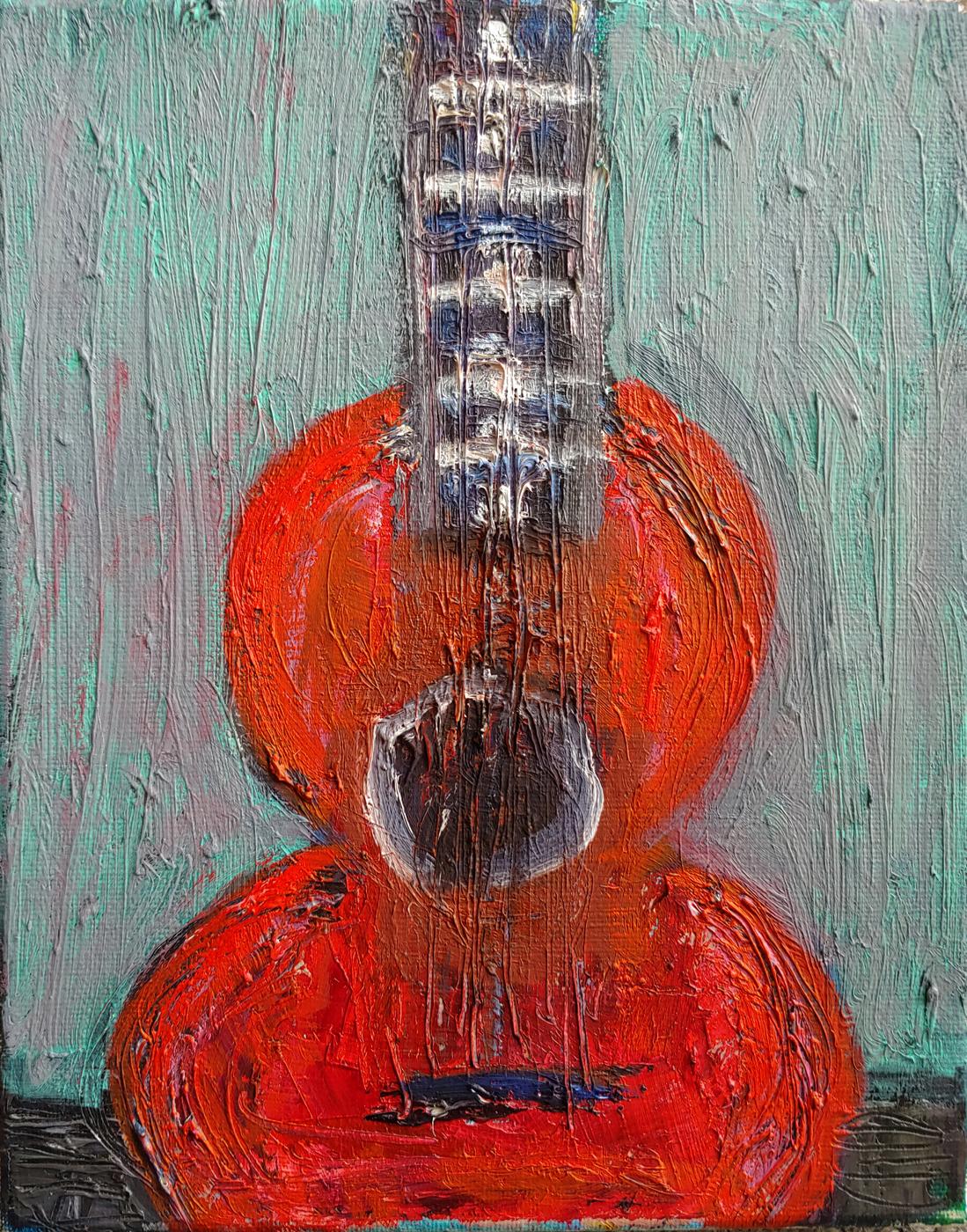 Guitare orange sur fond bleu Signé au dos, 2015 - Painting de Kim Simmonds