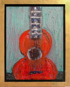Guitare orange sur fond bleu Signé au dos, 2015