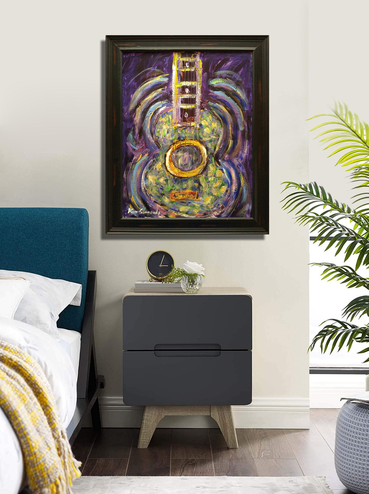 Space Guitar in violet and green, 33x27 framed, acrylic on canvas - Black Still-Life Painting by Kim Simmonds
