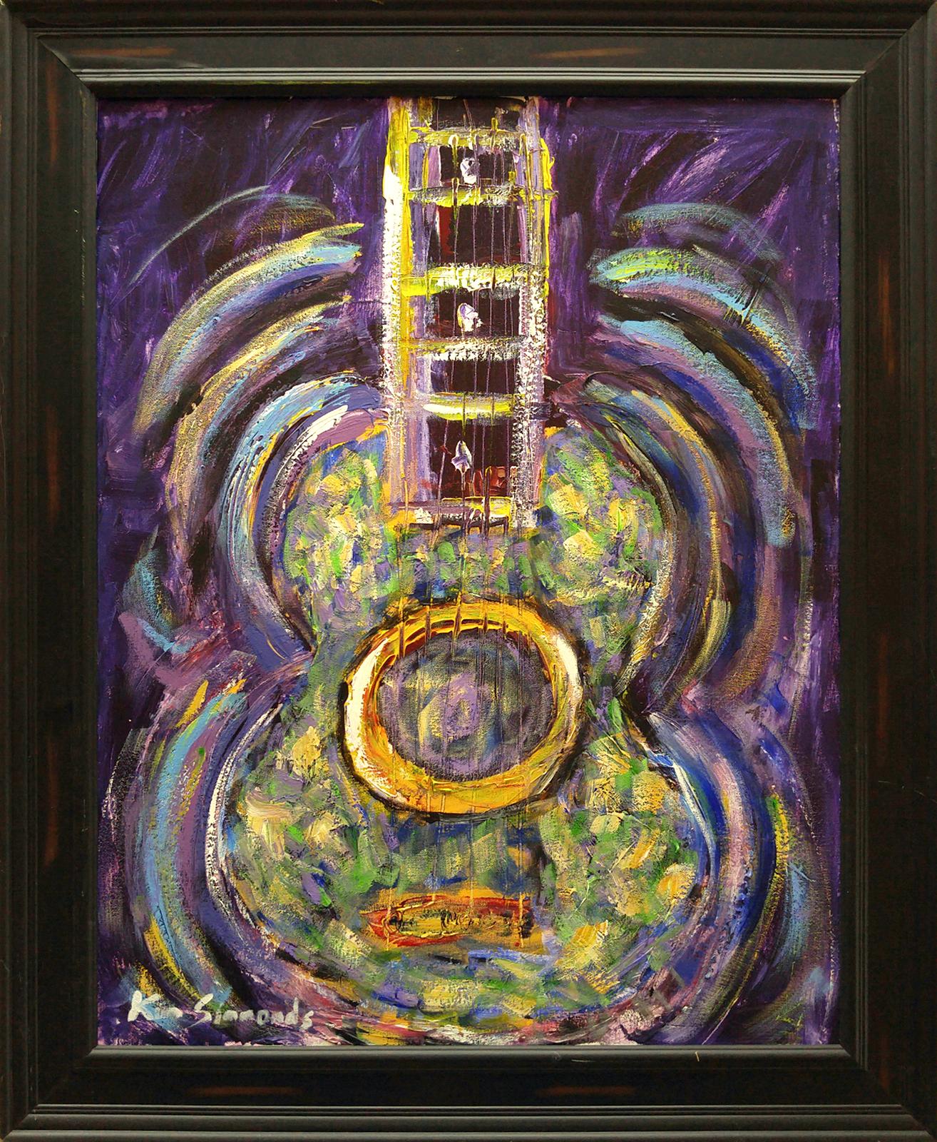 Space Guitar in violet and green, 33x27 framed, acrylic on canvas