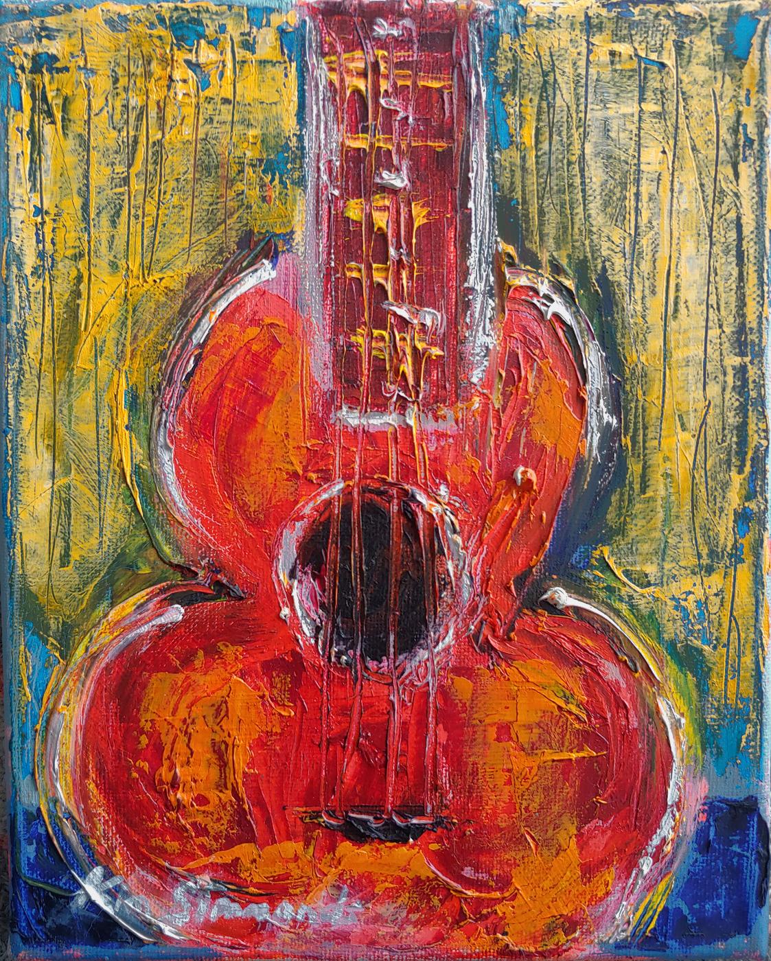 Chitarra arancione testurizzata firmata Olio su tela - Painting di Kim Simmonds