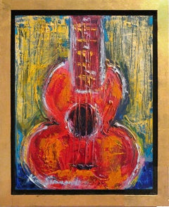 Guitarra Naranja Texturizada Firmado Óleo sobre Lienzo