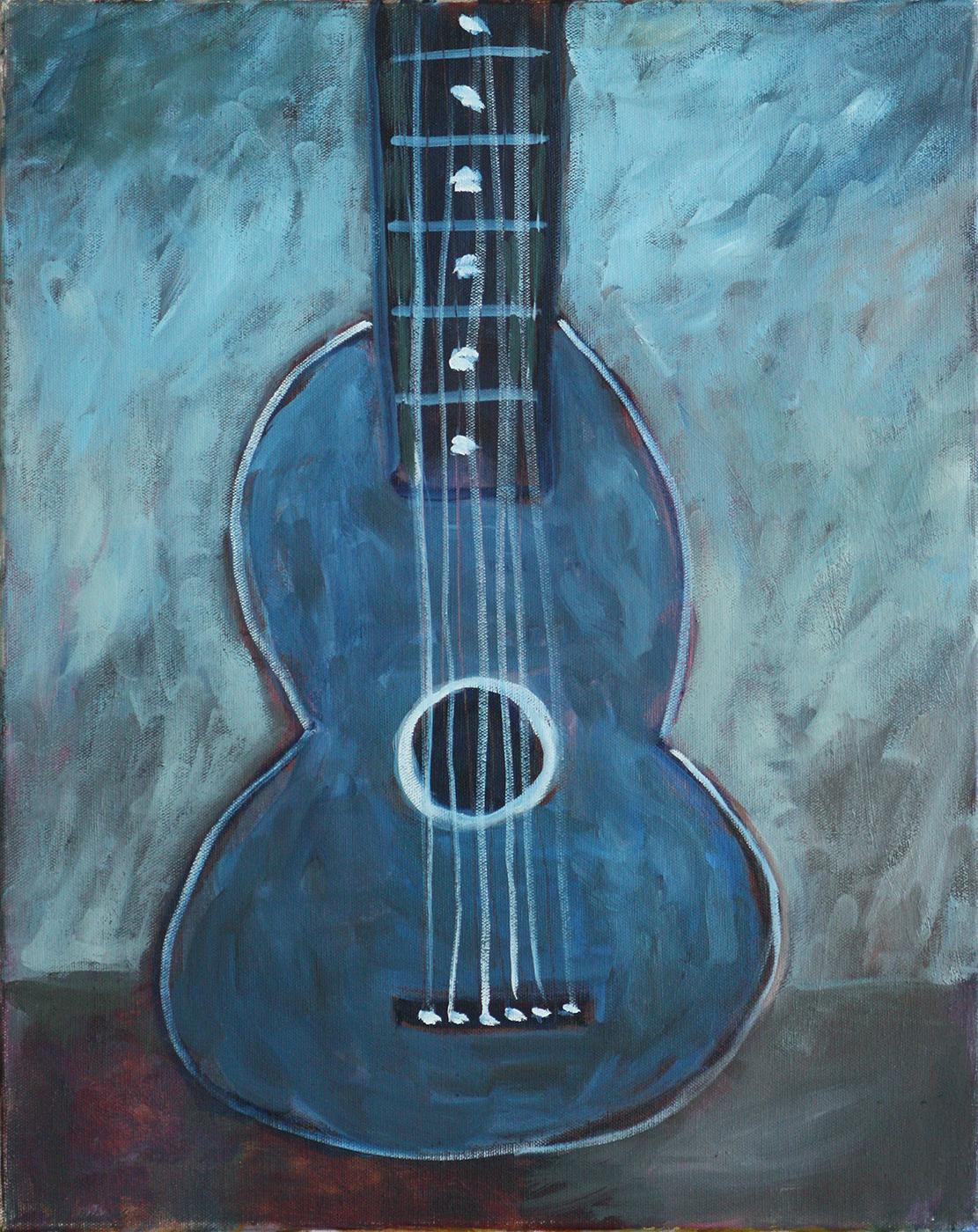 Kim Simmonds Still-Life Painting - "Untitled Picasso Guitar"   Acrylic on Canvas 22x18"