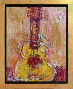 Chitarra gialla firmata 10x8" olio su tela con cornice 13x11"