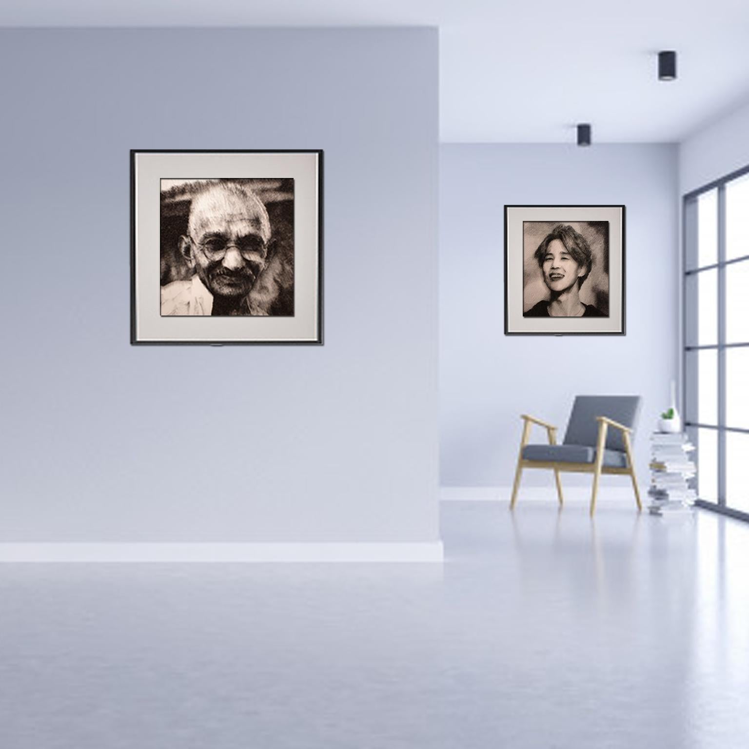 Mohandas Gandhi[Schwarz-Weiß, Stahl auf Leinwand, Stereoskop, Porträt, neue Medien] im Angebot 1