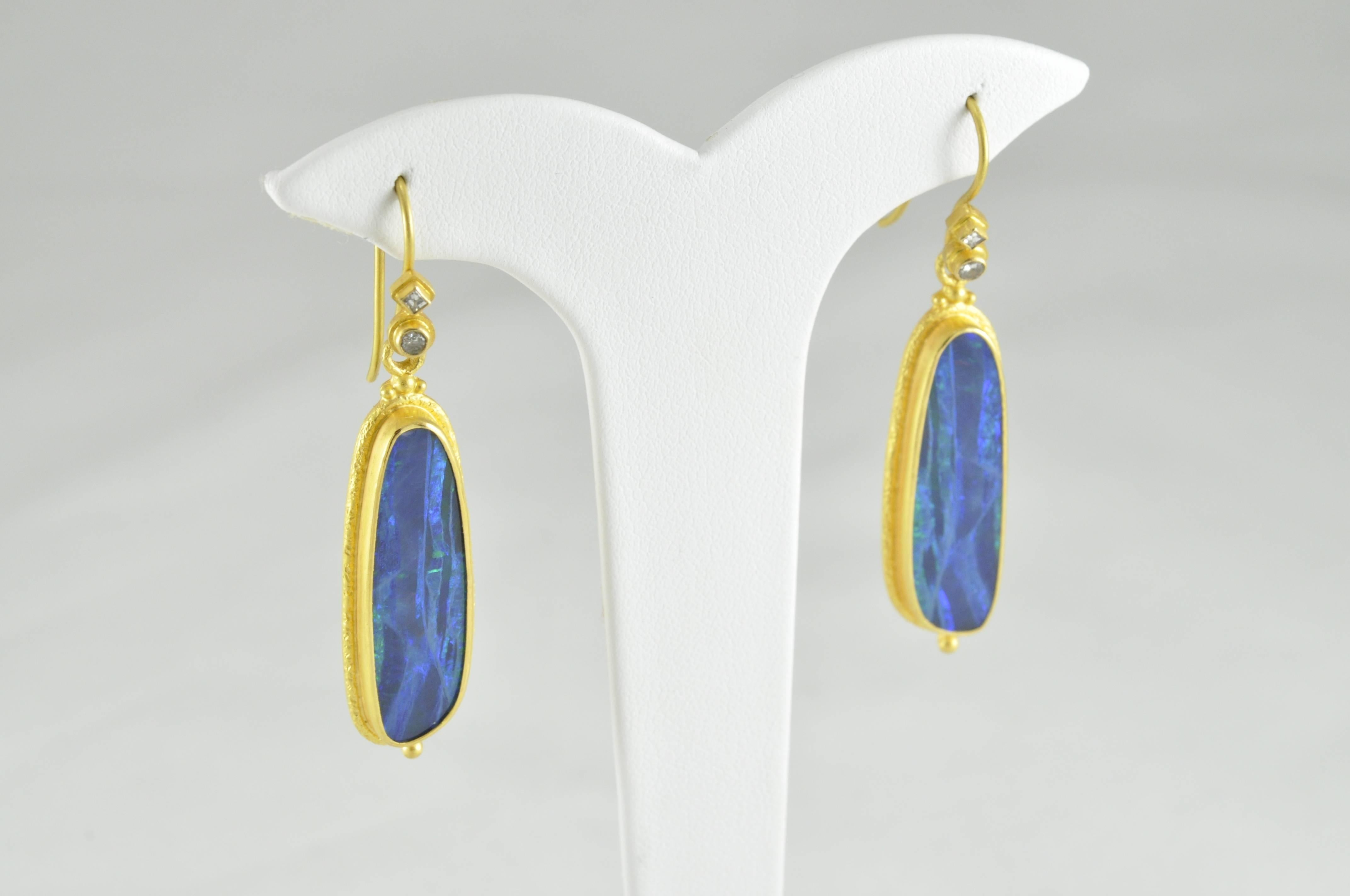 22K Gold Long Opal Doublet Dangle Drops with Diamond Tops.  Made by Kimarie Designs in Bali Indonesia.  