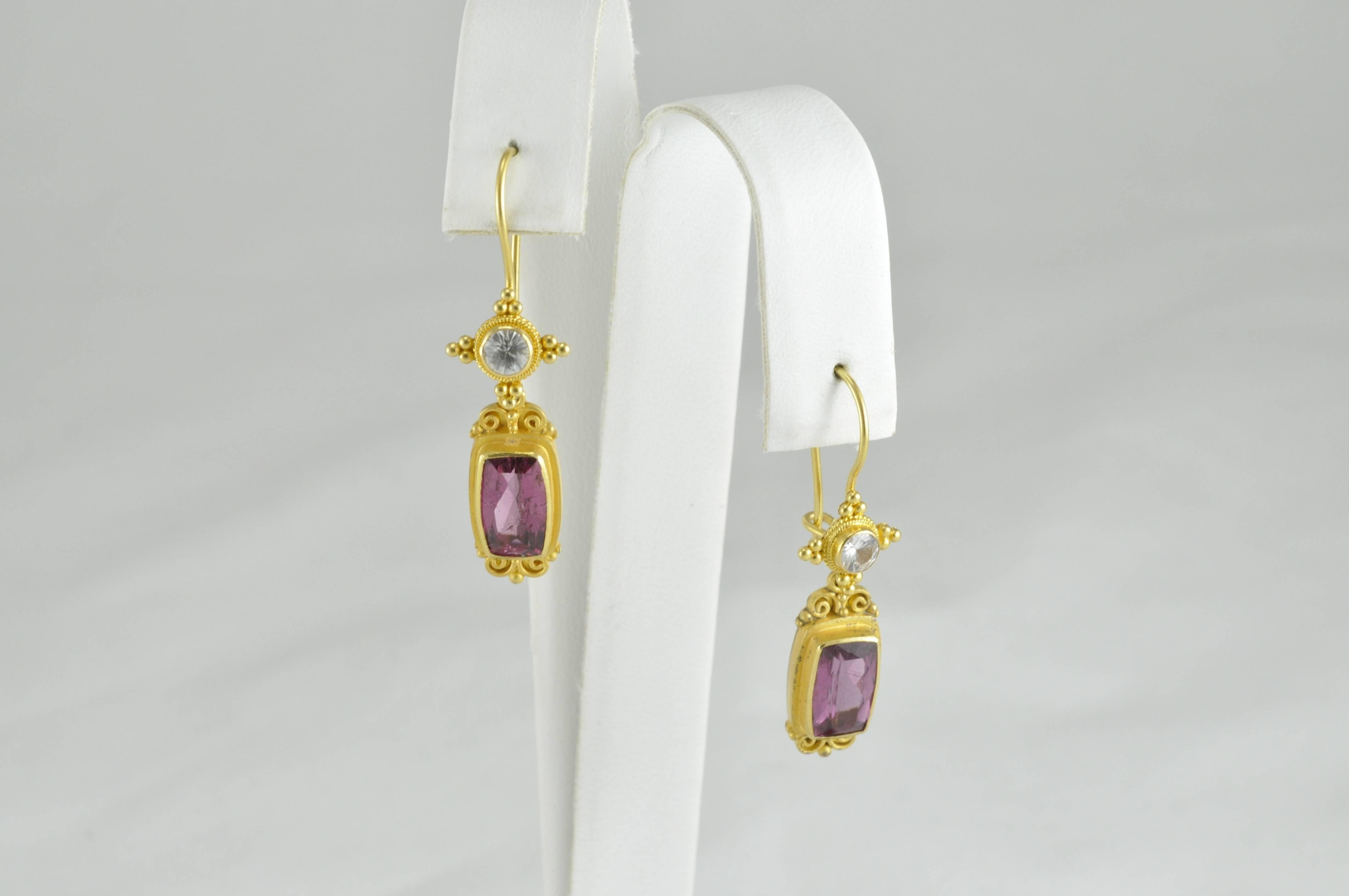 18k Yellow Gold and White Sapphire Tops with Pink Tourmaline Drops designed by Kimarie Designs.