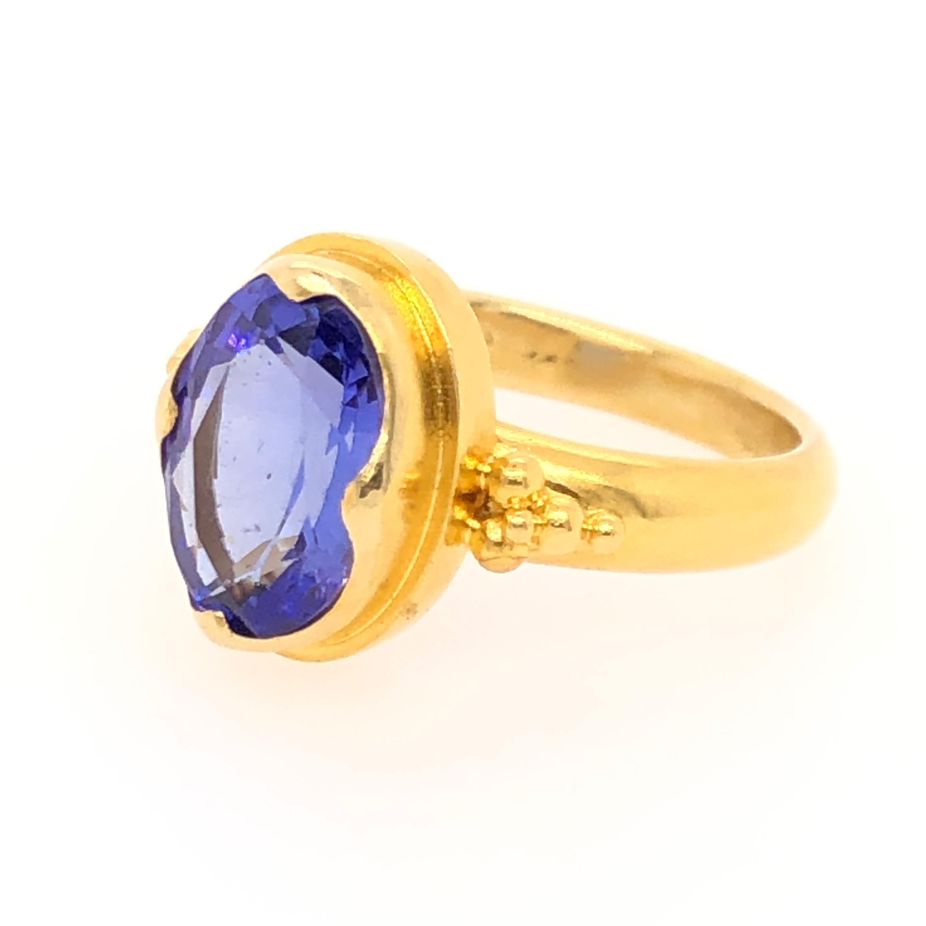Tanzanite, named after the country Tanzania, is a relatively newly discovered semiprecious stone. Tiffany's is credited with introducing it to the market in 1968, and since then designers have turned to tanzanite for its beautiful colors (most