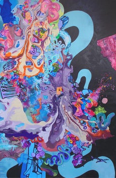 A Dance with Dragons, Abstract, Mixed Media, Blue, Black, Painting, Bright