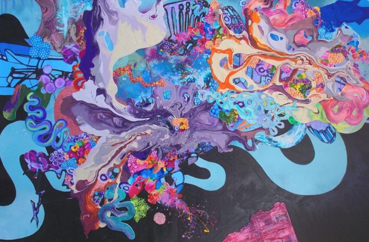 A Dance with Dragons, Abstract, Mixed Media, Blue, Black, Painting, Bright im Angebot 4