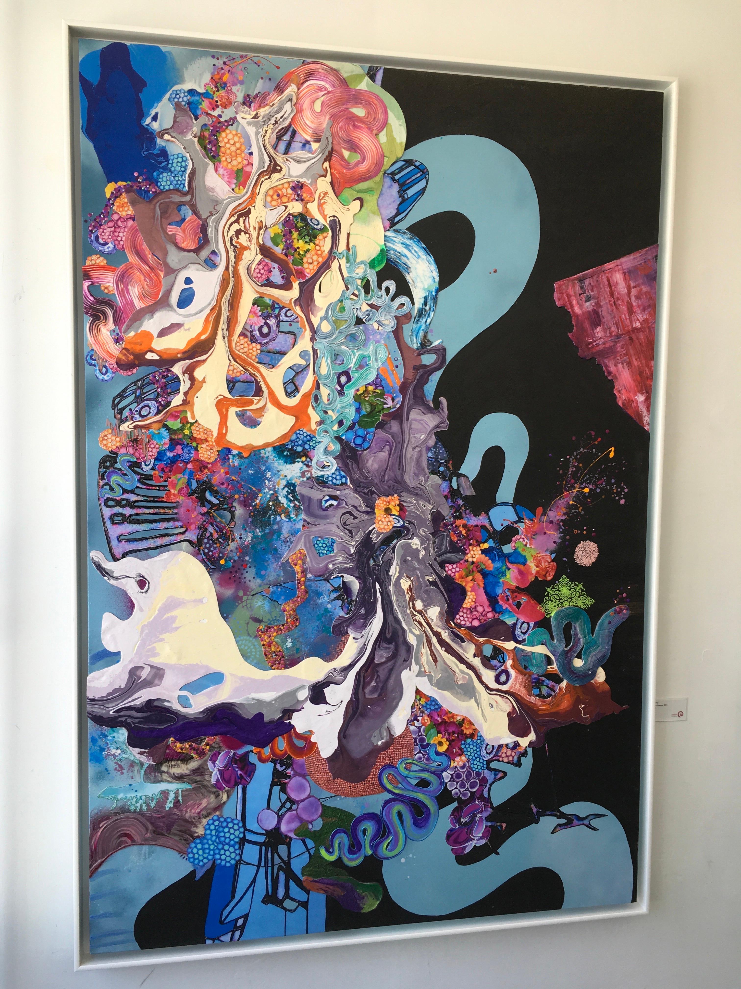 A Dance with Dragons, Abstract, Mixed Media, Blue, Black, Painting, Bright im Angebot 5