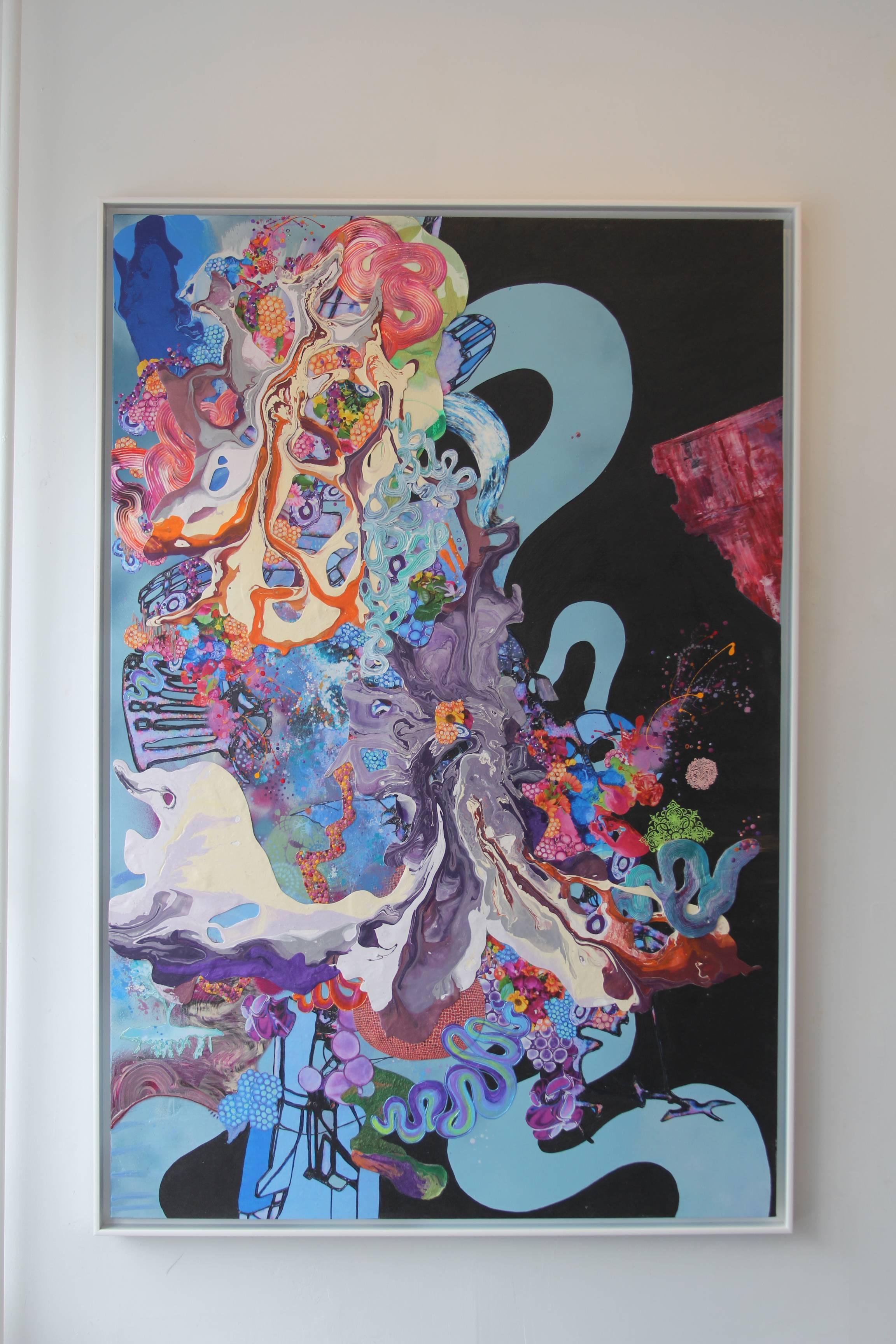 A Dance with Dragons, Abstract, Mixed Media, Blue, Black, Painting, Bright