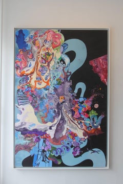 A Dance with Dragons, Abstract, Mixed Media, Blue, Black, Painting, Bright
