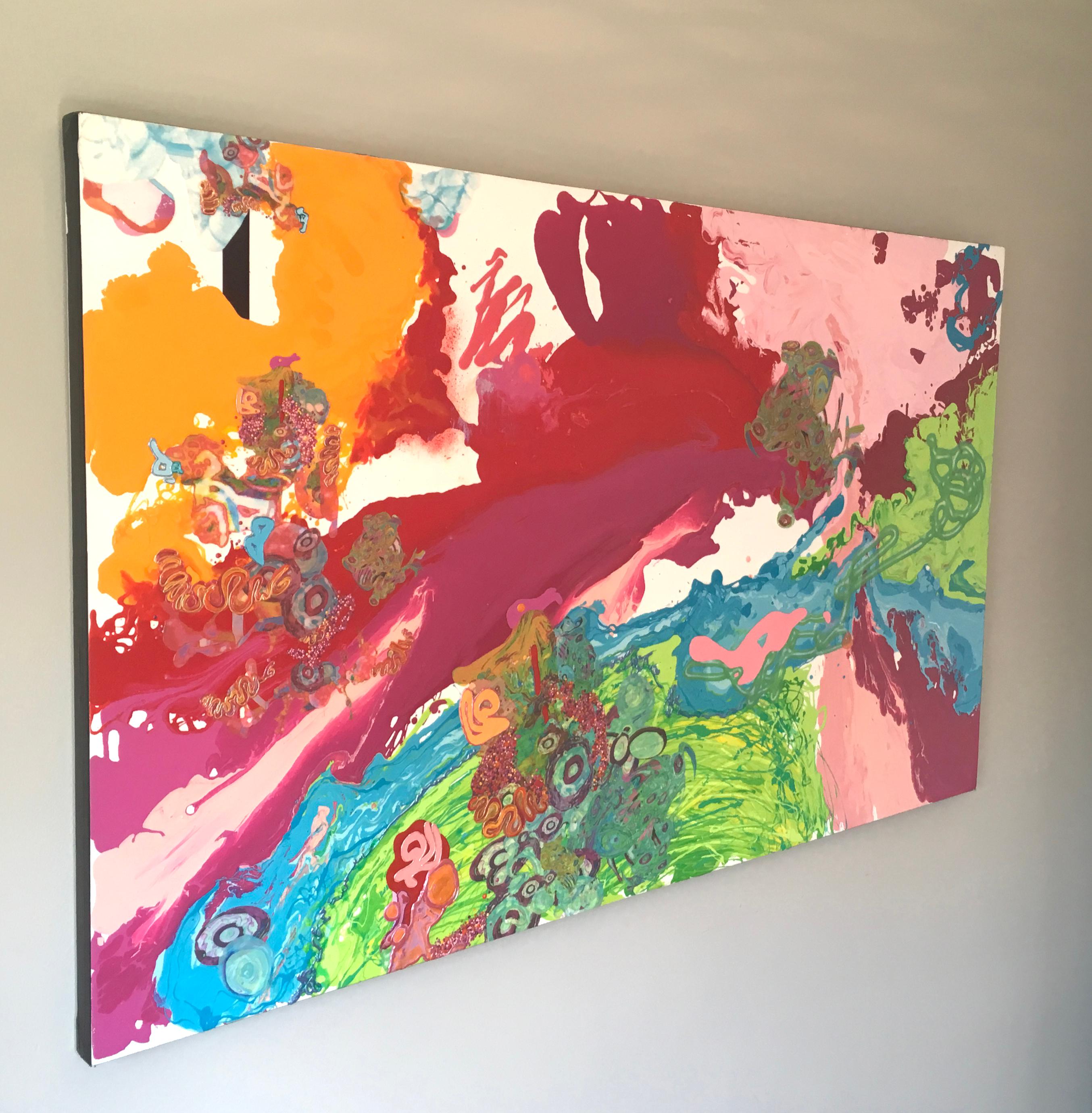 Abstrakte Malerei, leuchtende Farben, Statement, Mixed Media, Rosa, fließend – Painting von Kimber Berry