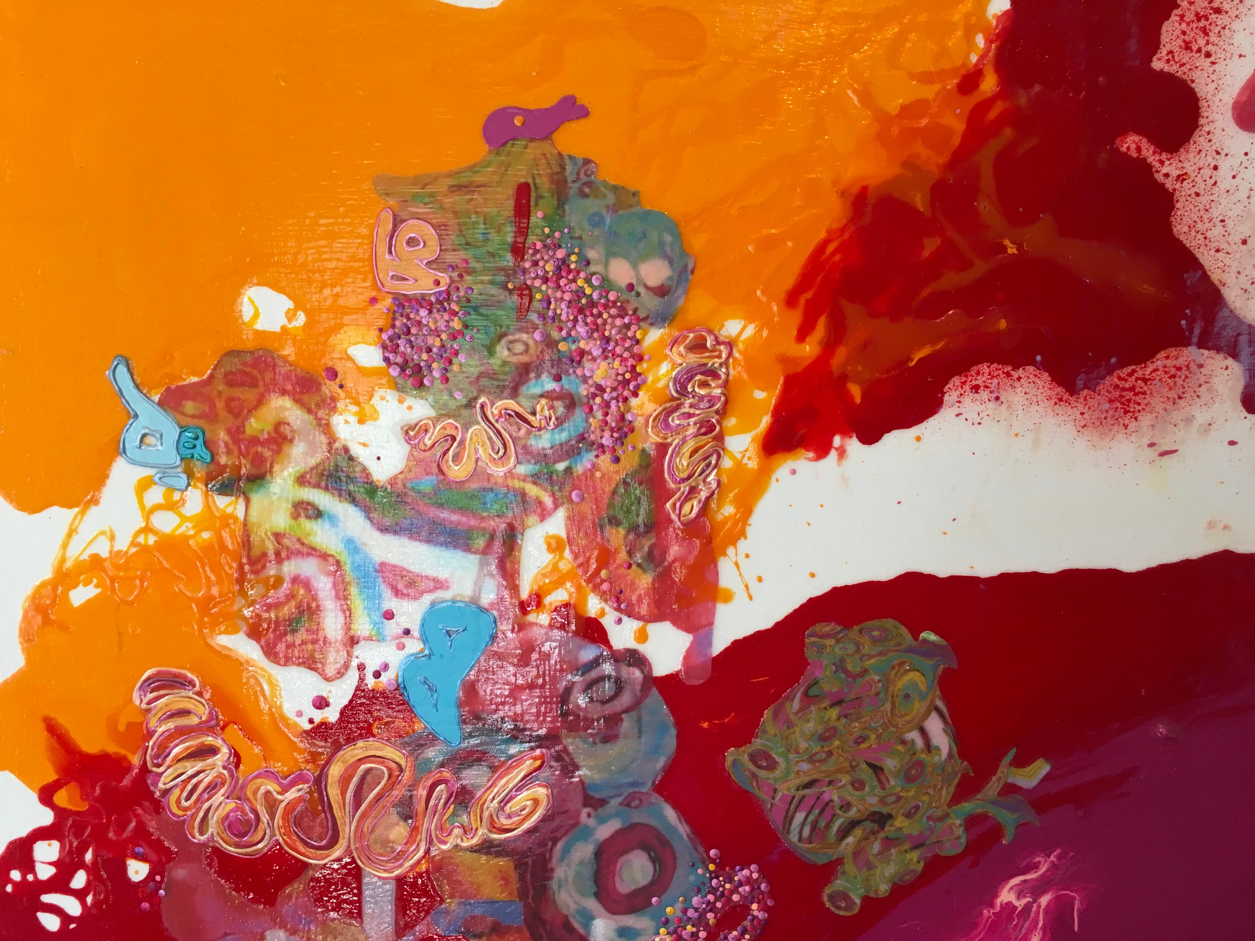 Kimberly Berry, Liquid Landscape 092708, ist ein abstraktes Gemälde in Acryl und Mischtechnik auf Leinwand, 36x60.  Es handelt sich um ein vielschichtiges, dimensionales und sehr zeitgenössisches Gemälde.  Sie ist voll von Rosa, Weiß und leuchtenden