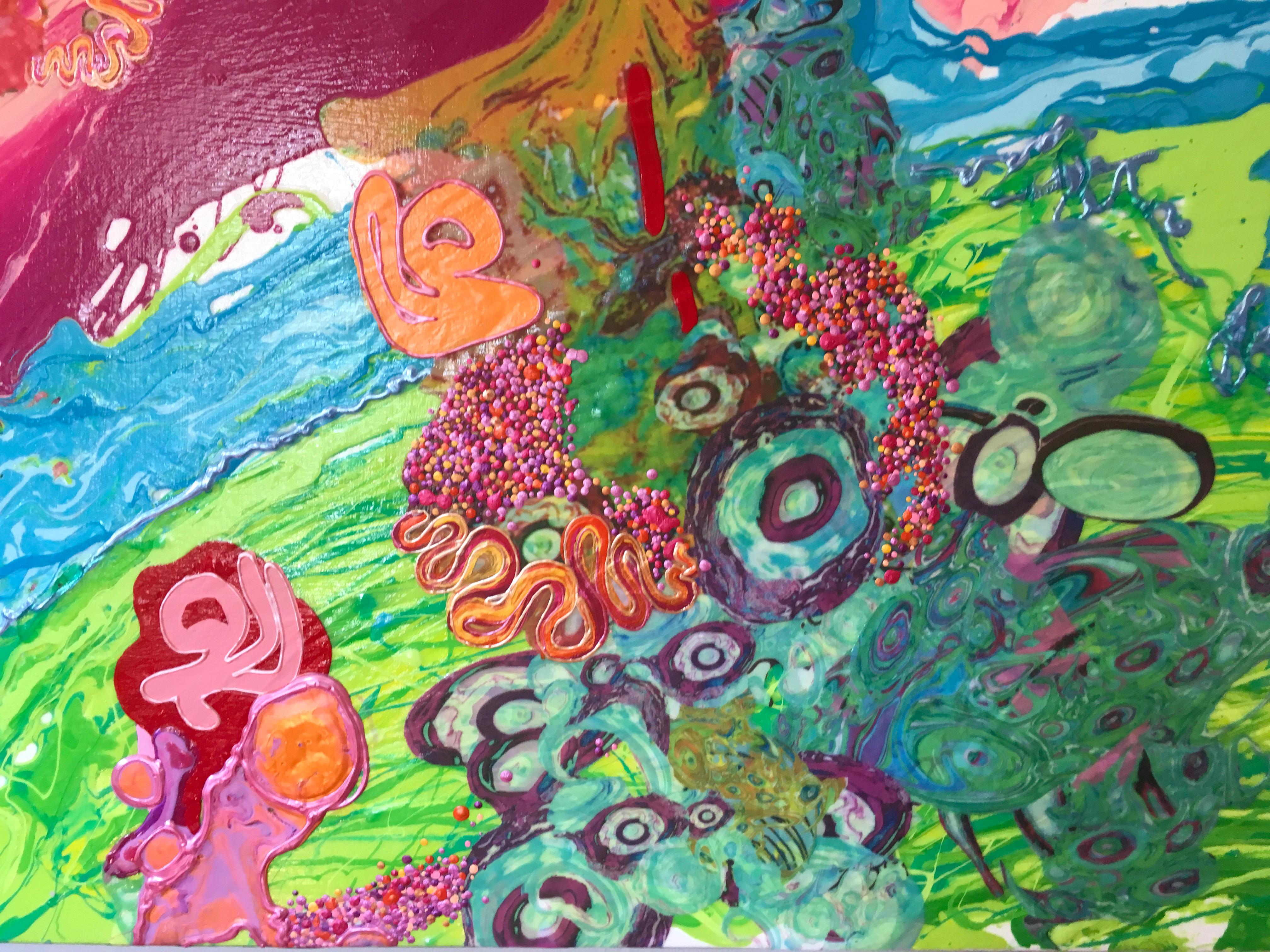 Abstrakte Malerei, leuchtende Farben, Statement, Mixed Media, Rosa, fließend im Angebot 2