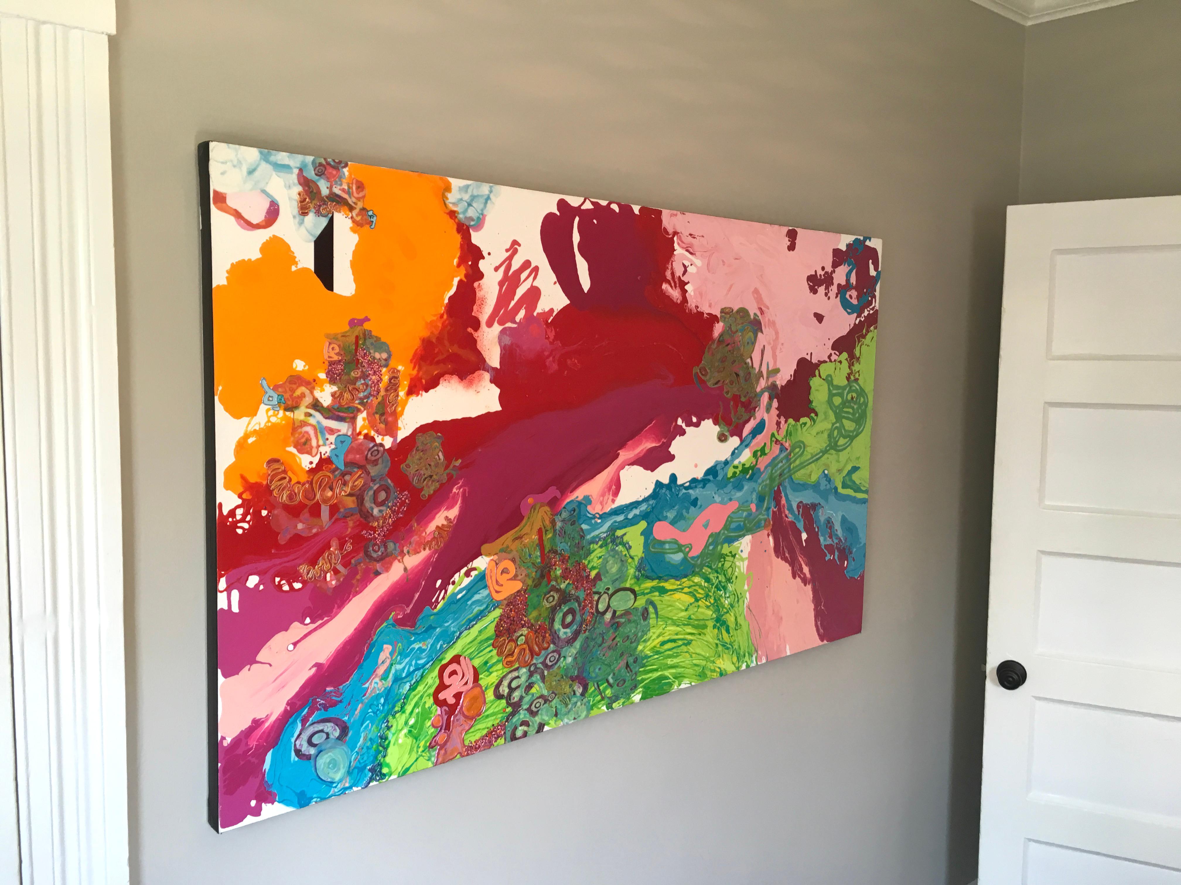Abstrakte Malerei, leuchtende Farben, Statement, Mixed Media, Rosa, fließend im Angebot 3