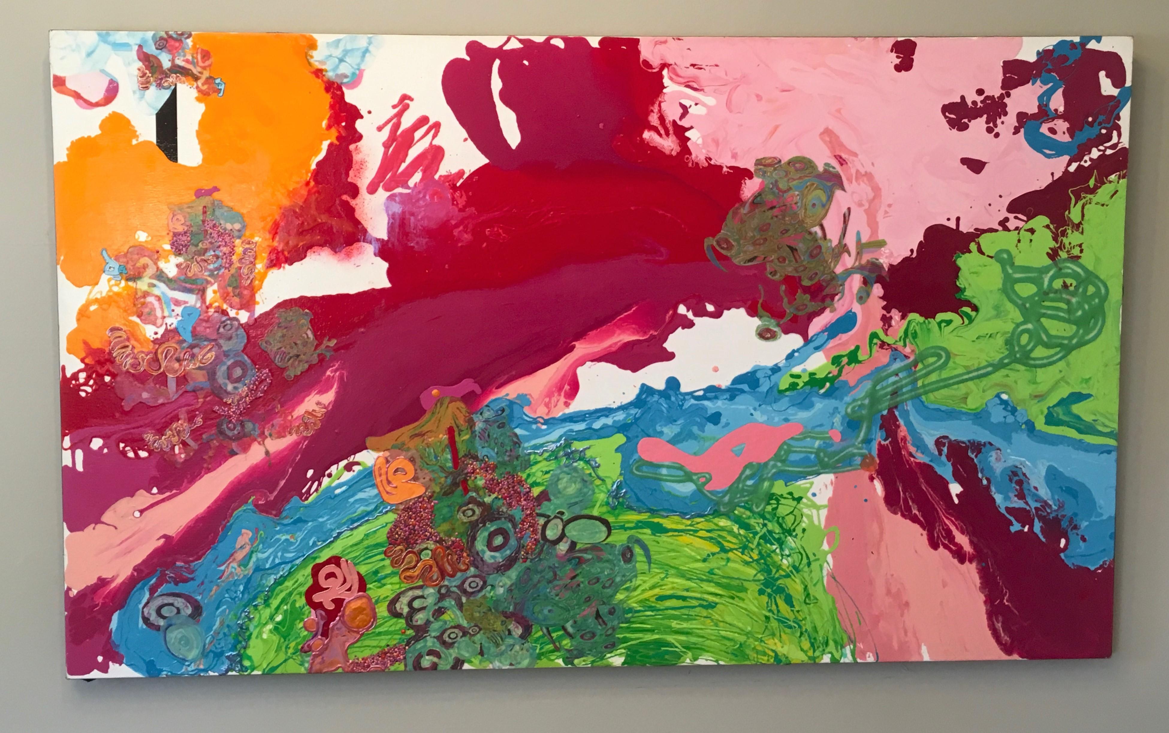Abstrakte Malerei, leuchtende Farben, Statement, Mixed Media, Rosa, fließend
