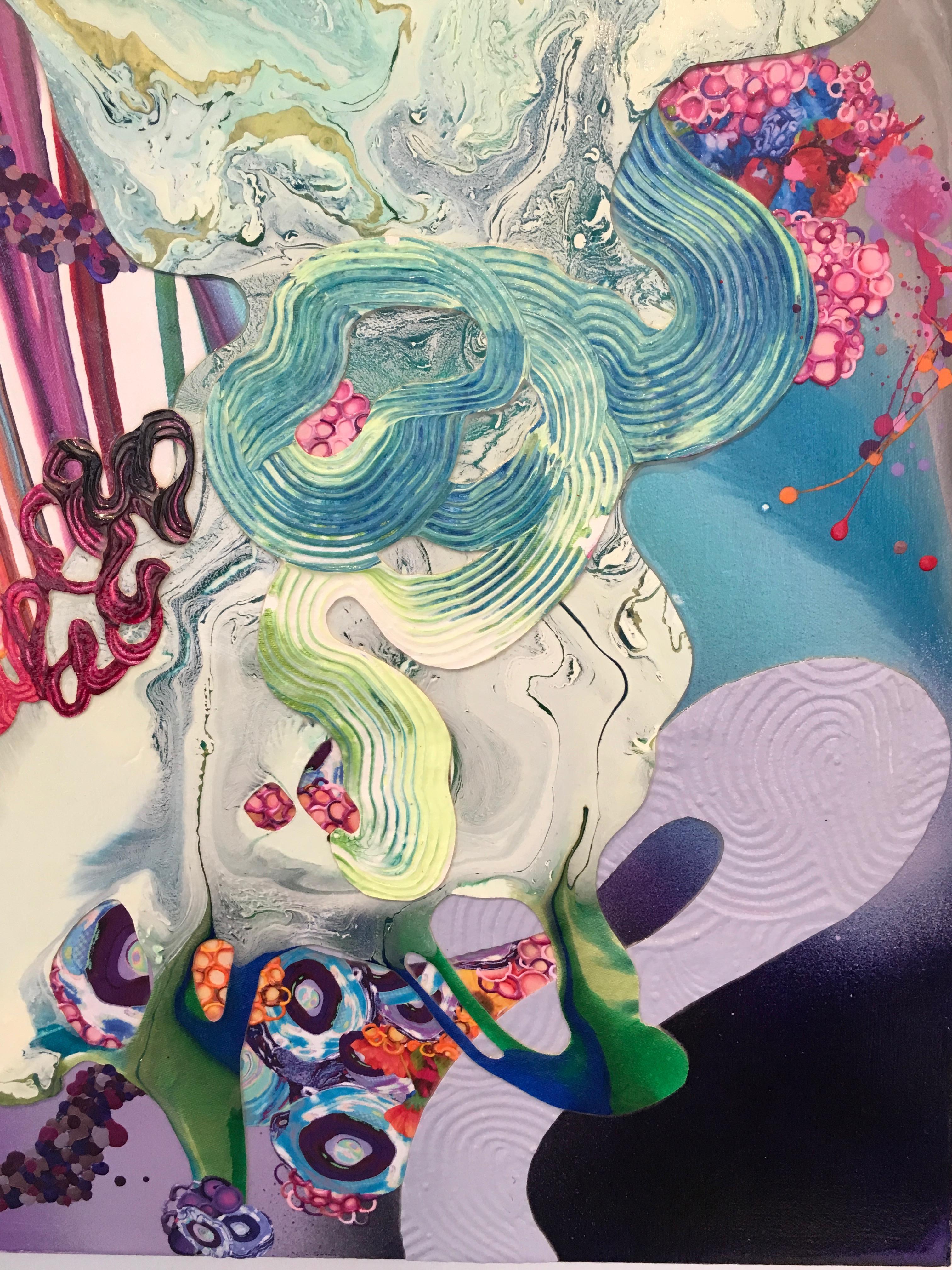 Only Elephants Should Wear Ivory by Kimber Berry, is a colorful, Acrylic and Mixed Media painting on Canvas, 36x36.  This is a layered, dimensional and very contemporary painting.  It is filled with white and vibrant colors including purple, pink,