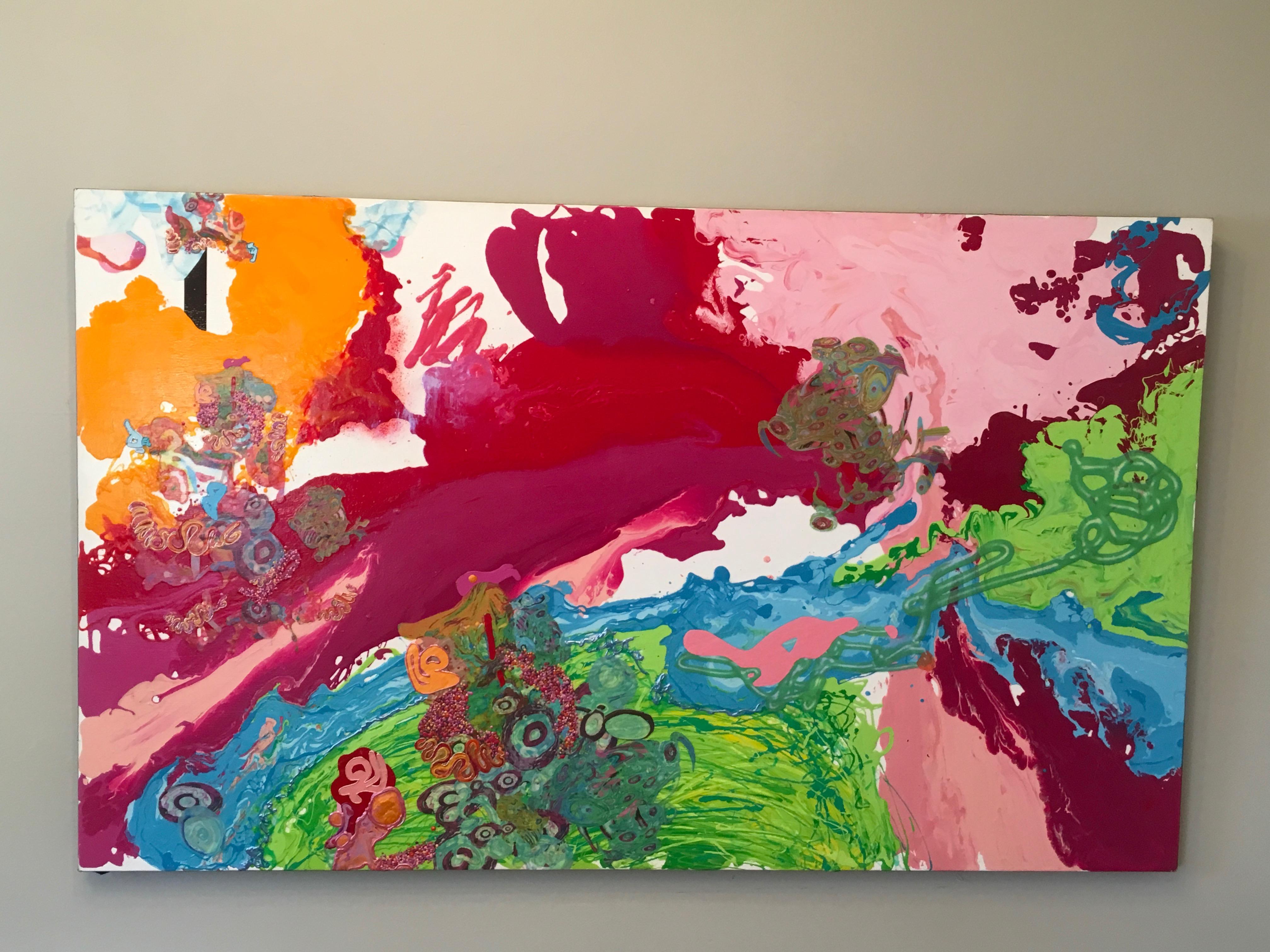 Kimber Berry, Liquid Landscape 092708,  Acrylic and Mixed Media on Canvas, 36x60.  This is a layered, dimensional contemporary painting.  It is filled with pinks, white and vibrant colors.  Berry is a California 