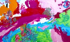Peinture abstraite colore, technique mixte, abstraite, gomtrique, rose rose, flte