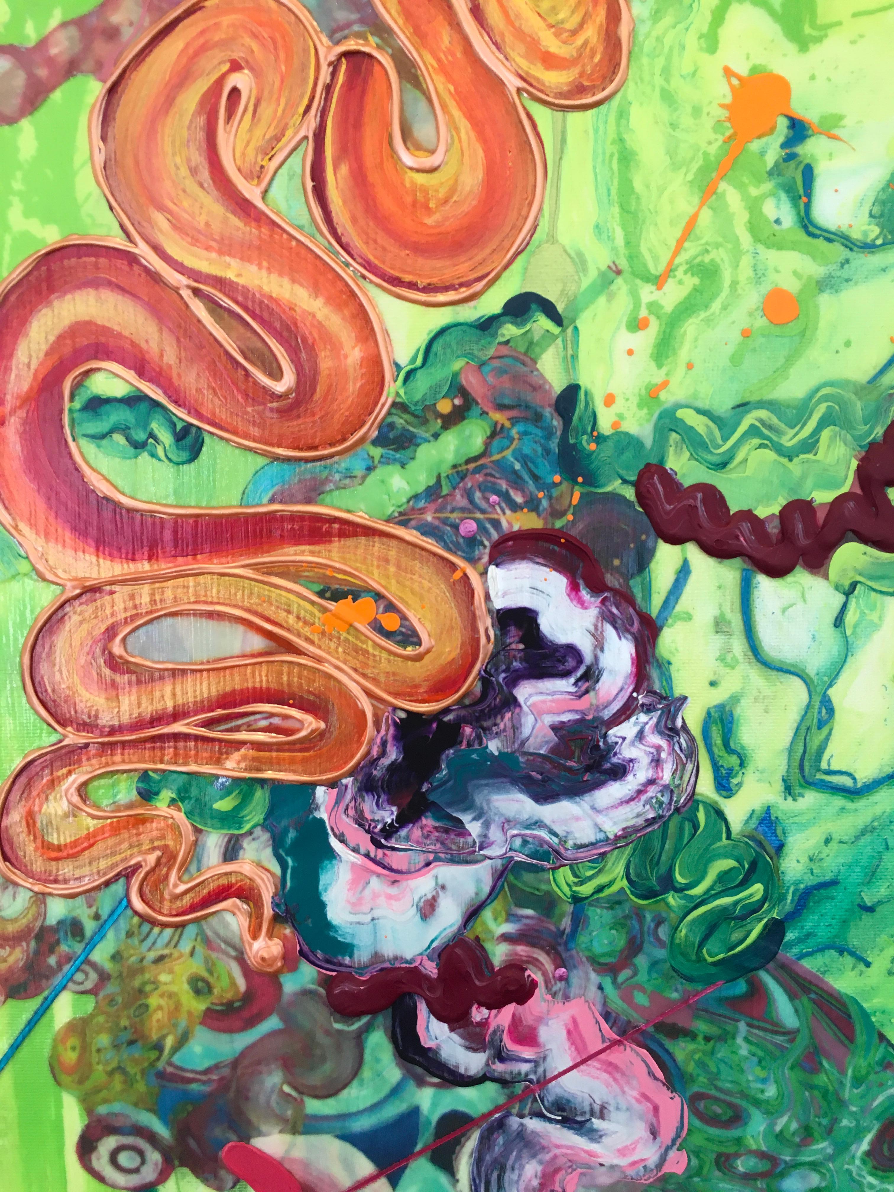 Kimber Berry, Liquid Landscape 0711,  Acrylic and Mixed Media on Canvas.  It is 18x12 inches.  This is a layered, dimensional contemporary painting.  It is filled with green, orange, and vibrant colors.  Berry is a California 