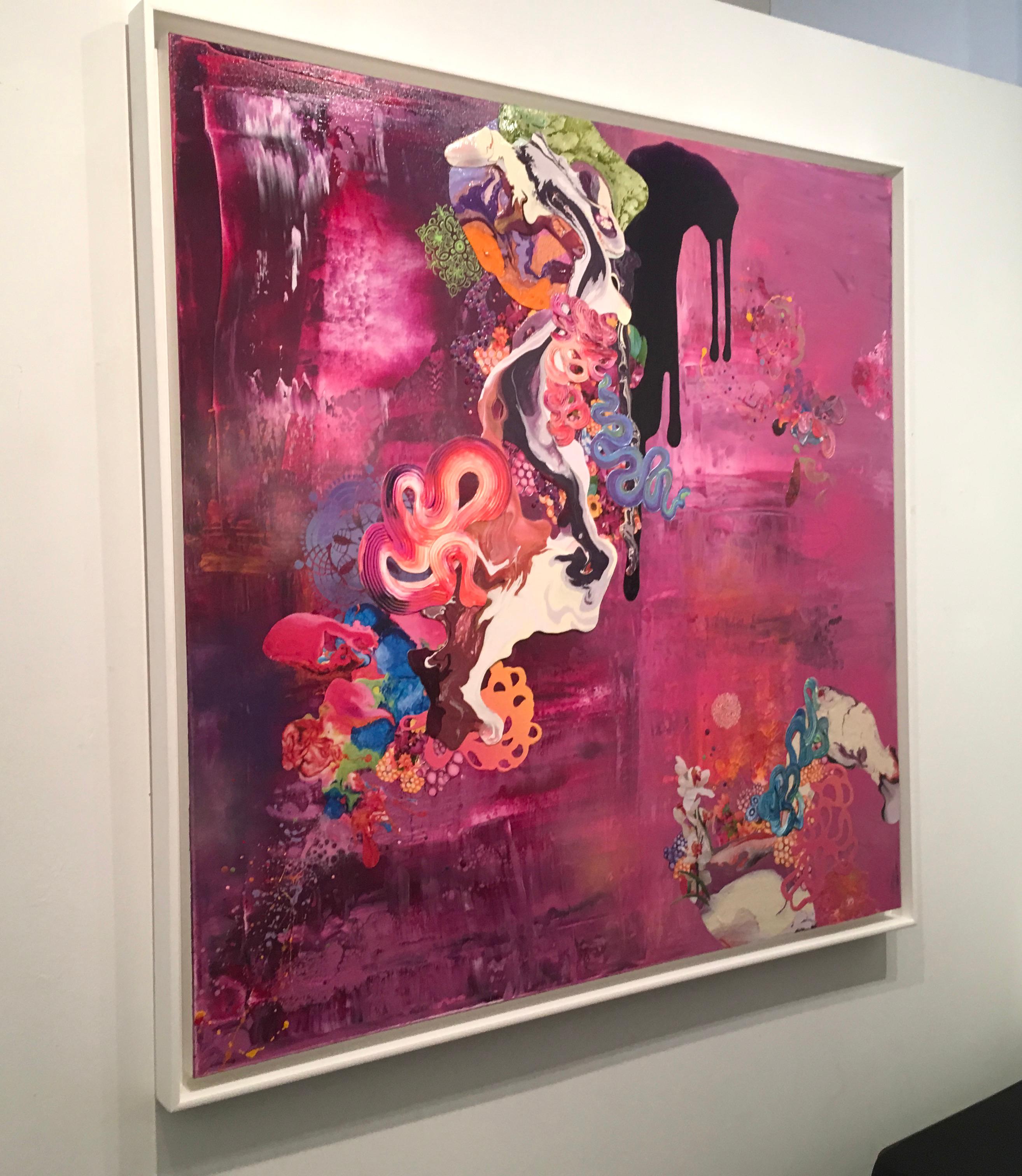 Thank You for the Magic Carpet Ride by California Artist Kimber Berry is Acrylic and Mixed Media on Canvas, It is 48x48.   It is framed with a white float frame to 50x50. This is a richly layered, textured, dimensional contemporary painting.  It is