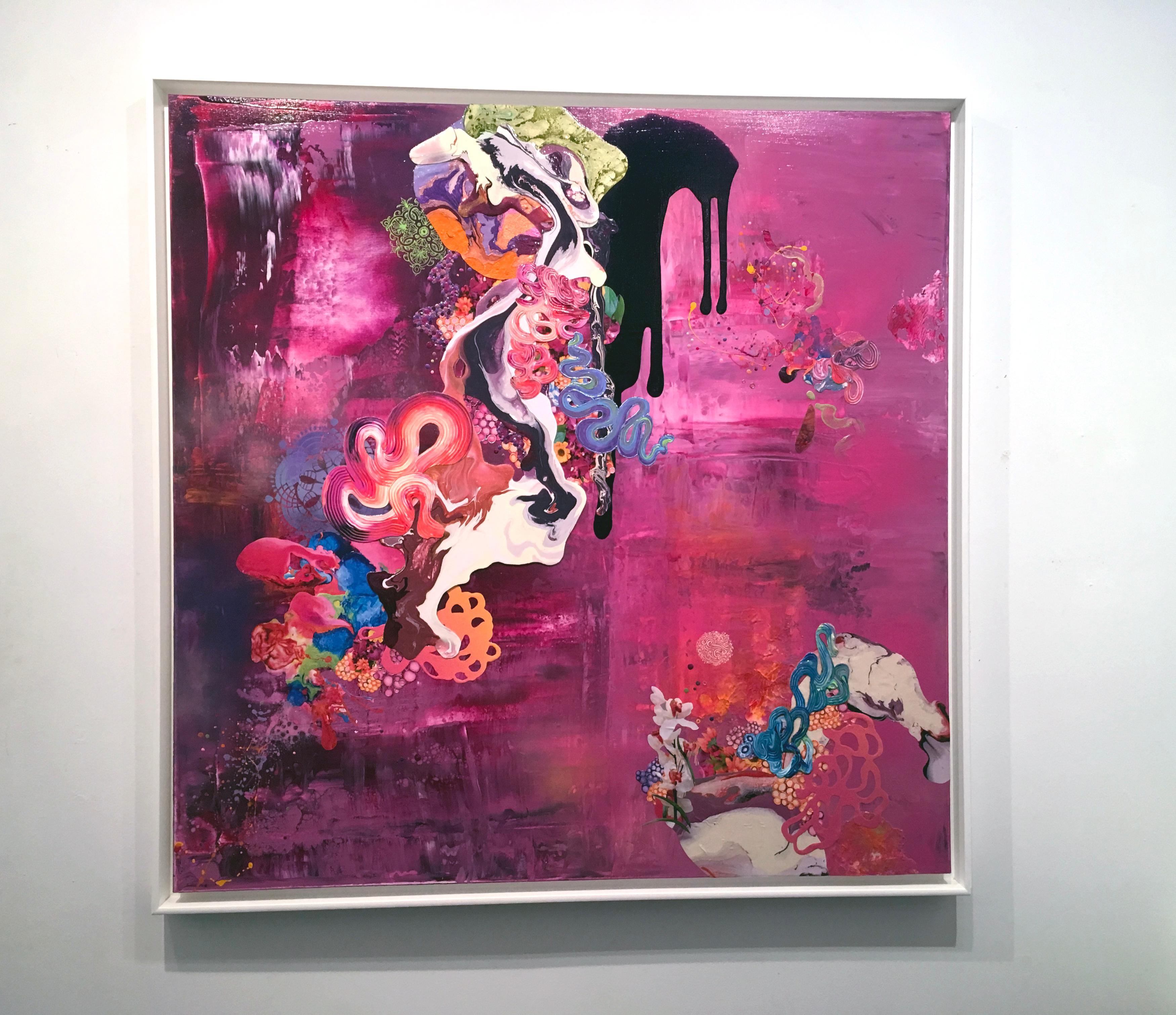 Kimber Berry, Thank You for the Magic Carpet Ride, Acrylic and Mixed Media on Canvas, 48x48.   It is framed with a white float frame. This is a richly layered, textured, dimensional contemporary painting.  It is a colorful painting filled with pink,