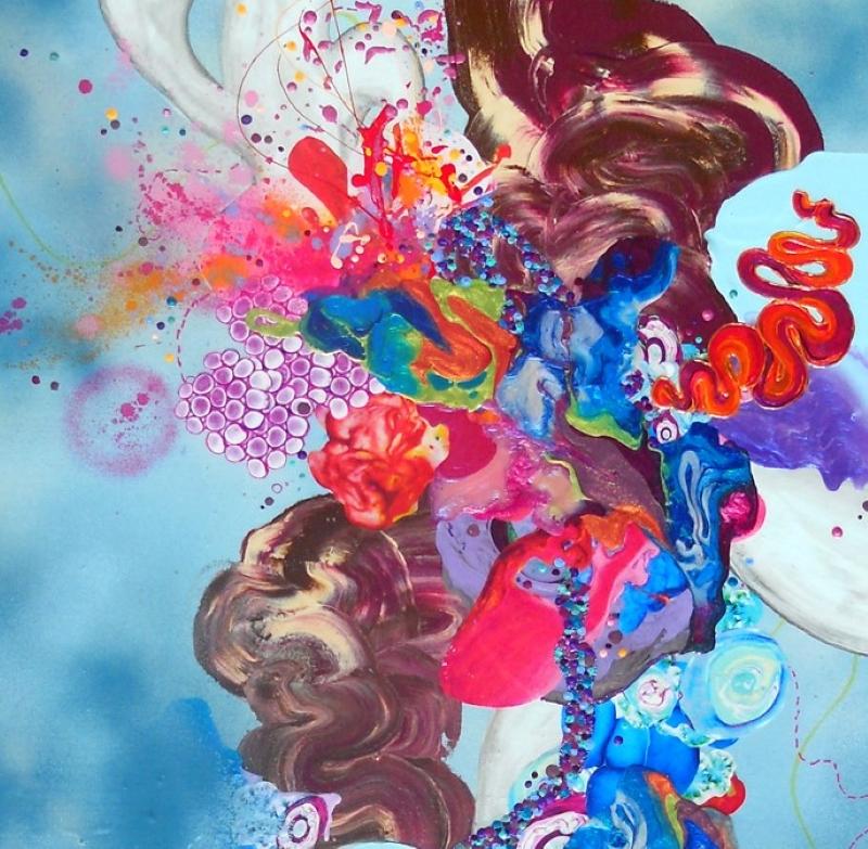 We Didn't Think They Would Steal the Gods by California Artist, Kimber Berry.  It is Acrylic and Mixed Media on Canvas, 40x30, unframed.  This is a layered, dimensional and contemporary painting.  It is filled with blues and vibrant colors.  Berry