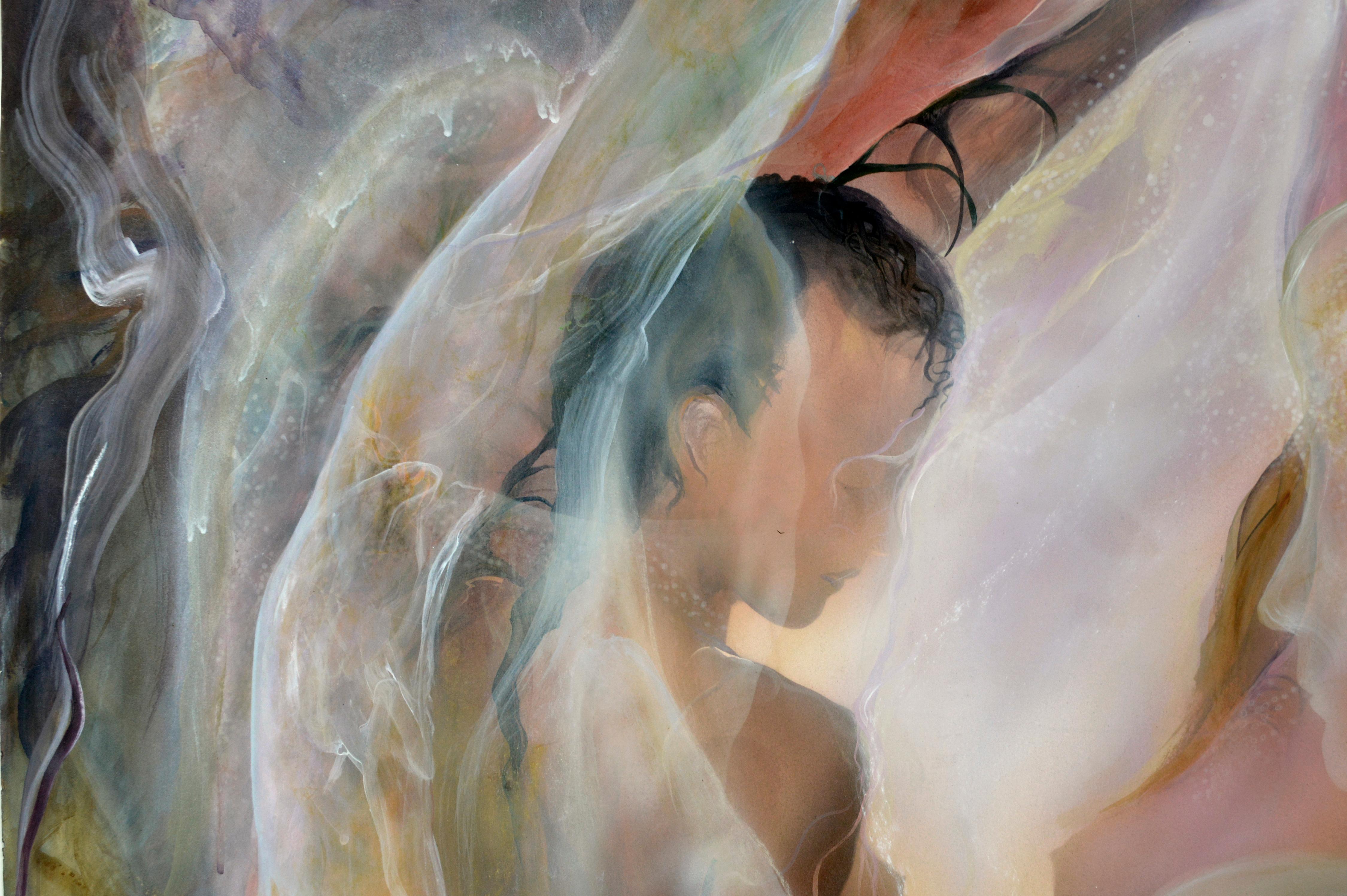 Surgimiento de la mujer La danza cósmica Un figurativo visionario en acrílico 
Obra figurativa fluida y estilizada de la artista visionaria Kimberlee Kuwica (estadounidense, nacida en 1967). De GAIA: 