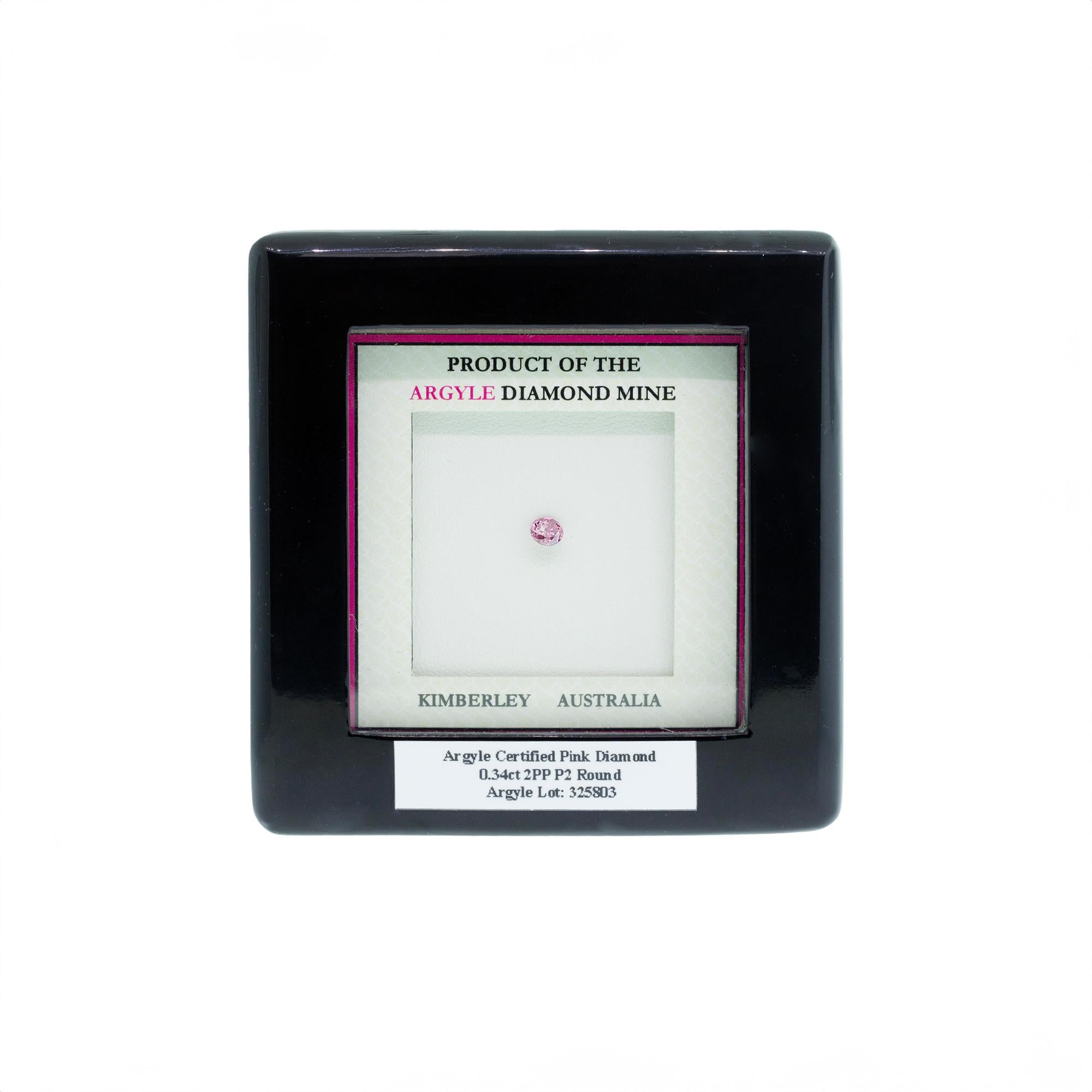 Rare and unique Argyle certified Pink Diamond.

Round Brilliant Pink diamond weight: 0.34ct, colour: 2PP, clarity: P2.
Argyle certificate ID Number: 325803 this is also laser inscribed on the girdle of the diamond.
This diamond also comes with a GIA