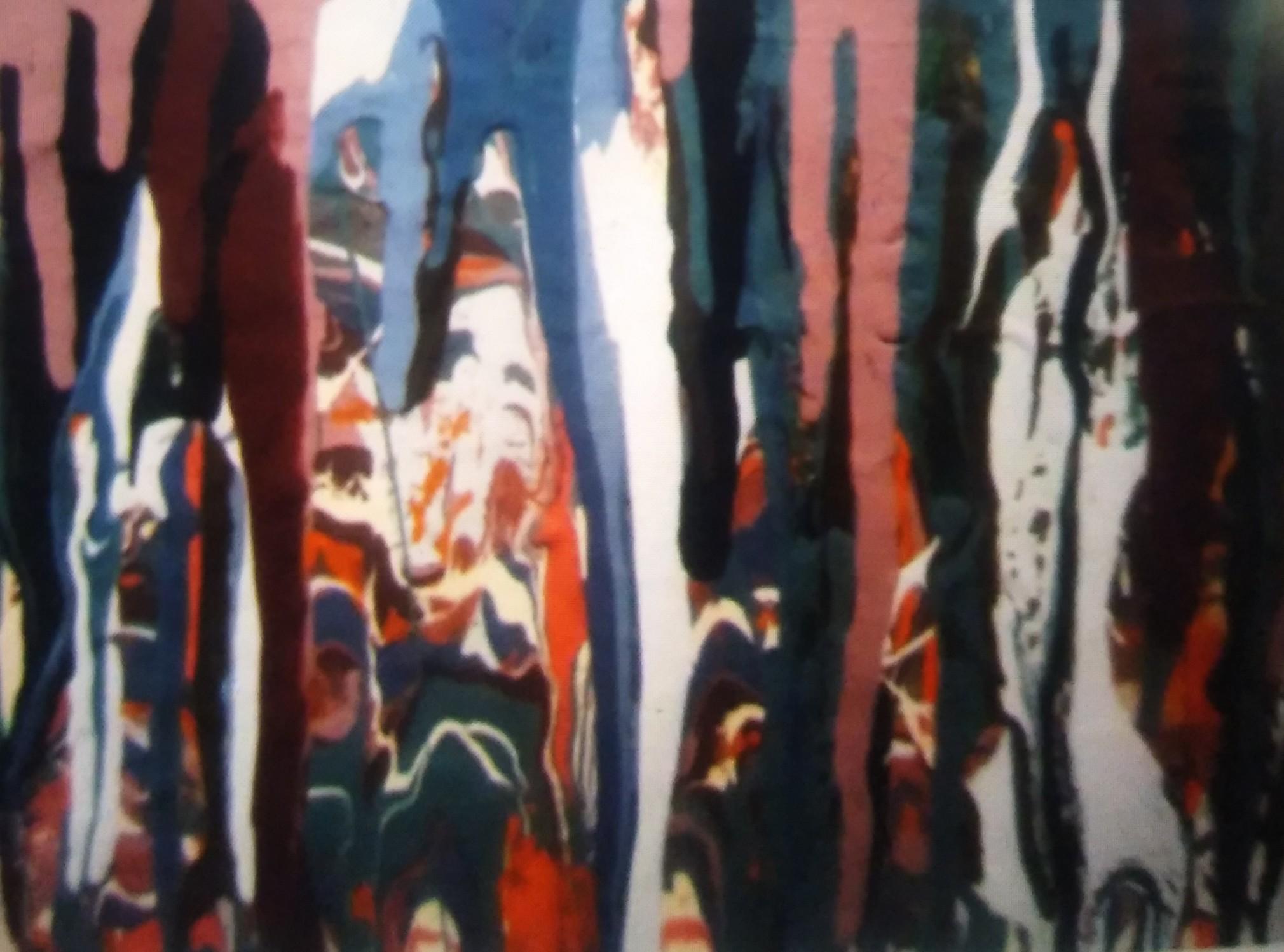 This is a nice depiction of drip painting by Kimberly Gonzalez. She does it in an abstract way thus creating textures and fluidity in this painting. It's an acrylic on canvas work and would make a nice addition to any room, library or office.