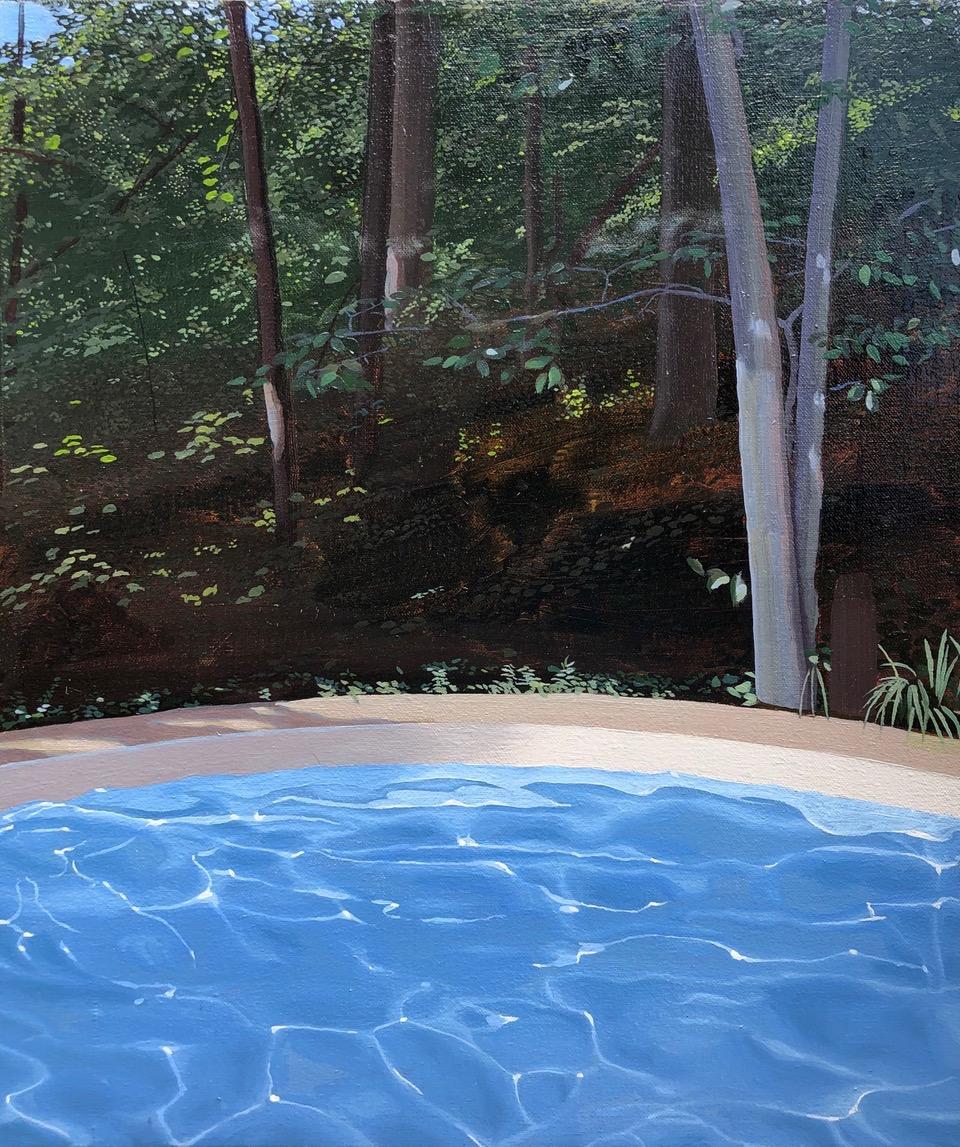 Landscape Painting Kimberly MacNeille - « La poêle et la forêt »  Petit paysage avec piscine bleue dans la moitié inférieure