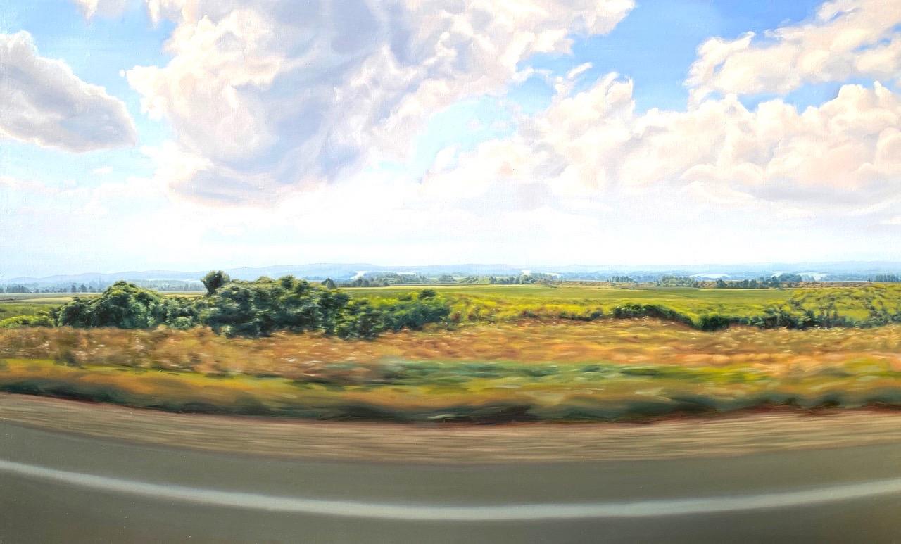 Kimberly MacNeille Landscape Painting - "Route 90 East" Very large landscape, yellow/green field as seen from moving car