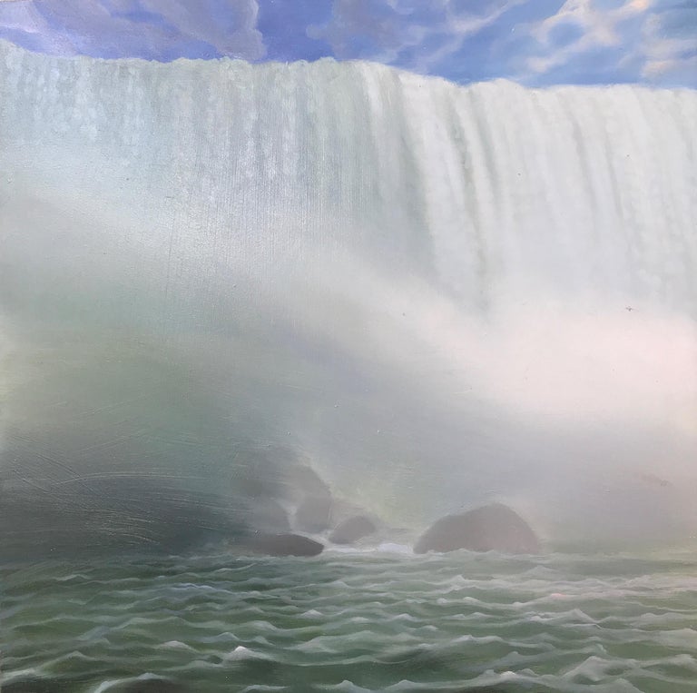 Kimberly MacNeille Landscape Painting - "Waterfall with Spray"   Small Landscape of Waterfall and Rocks, Beautiful Light