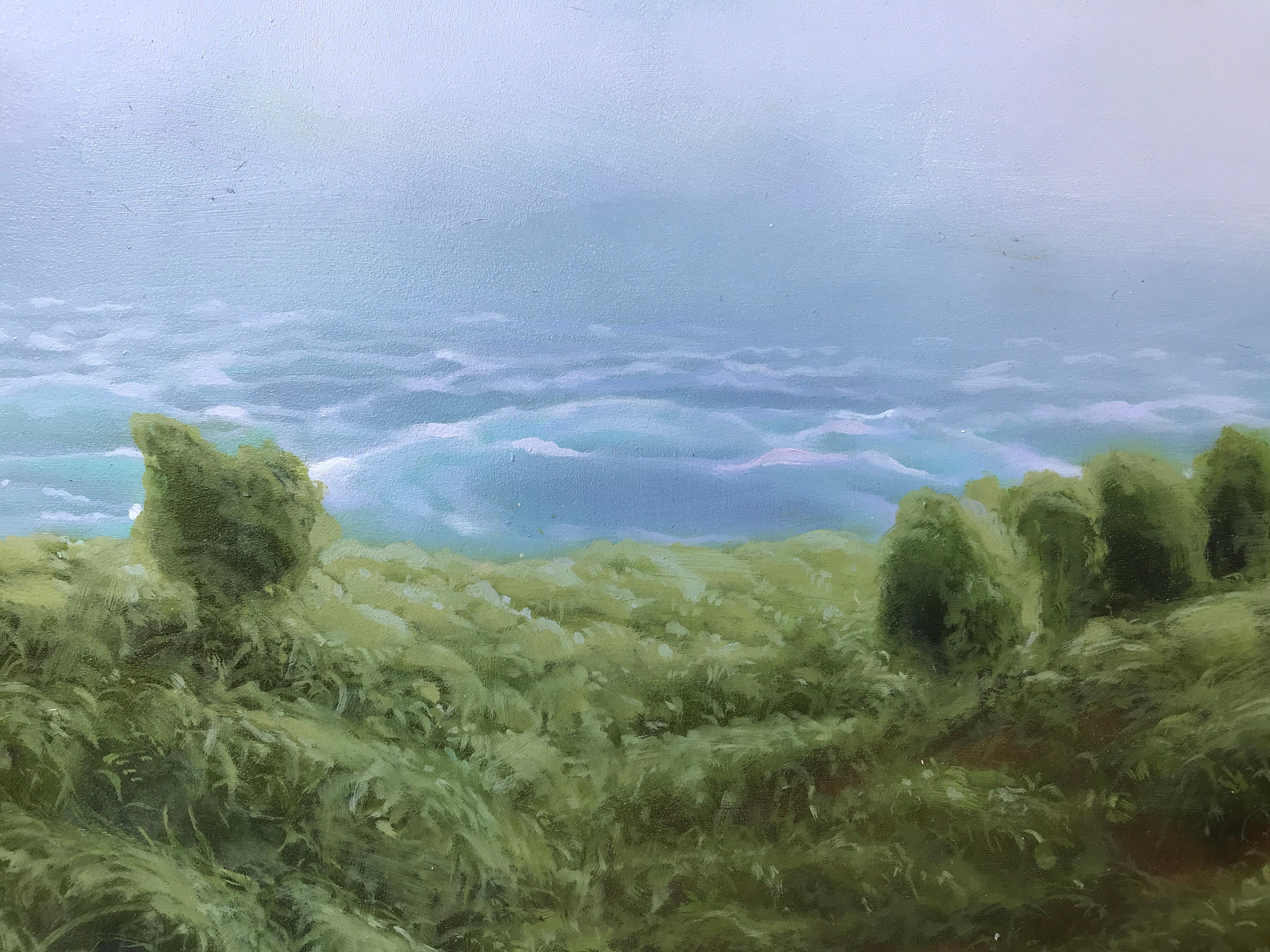 „Wasserfall mit Sprüh und Putten“ Kleine Landschaft mit Wasserfall, Himmel, Grün  – Painting von Kimberly MacNeille