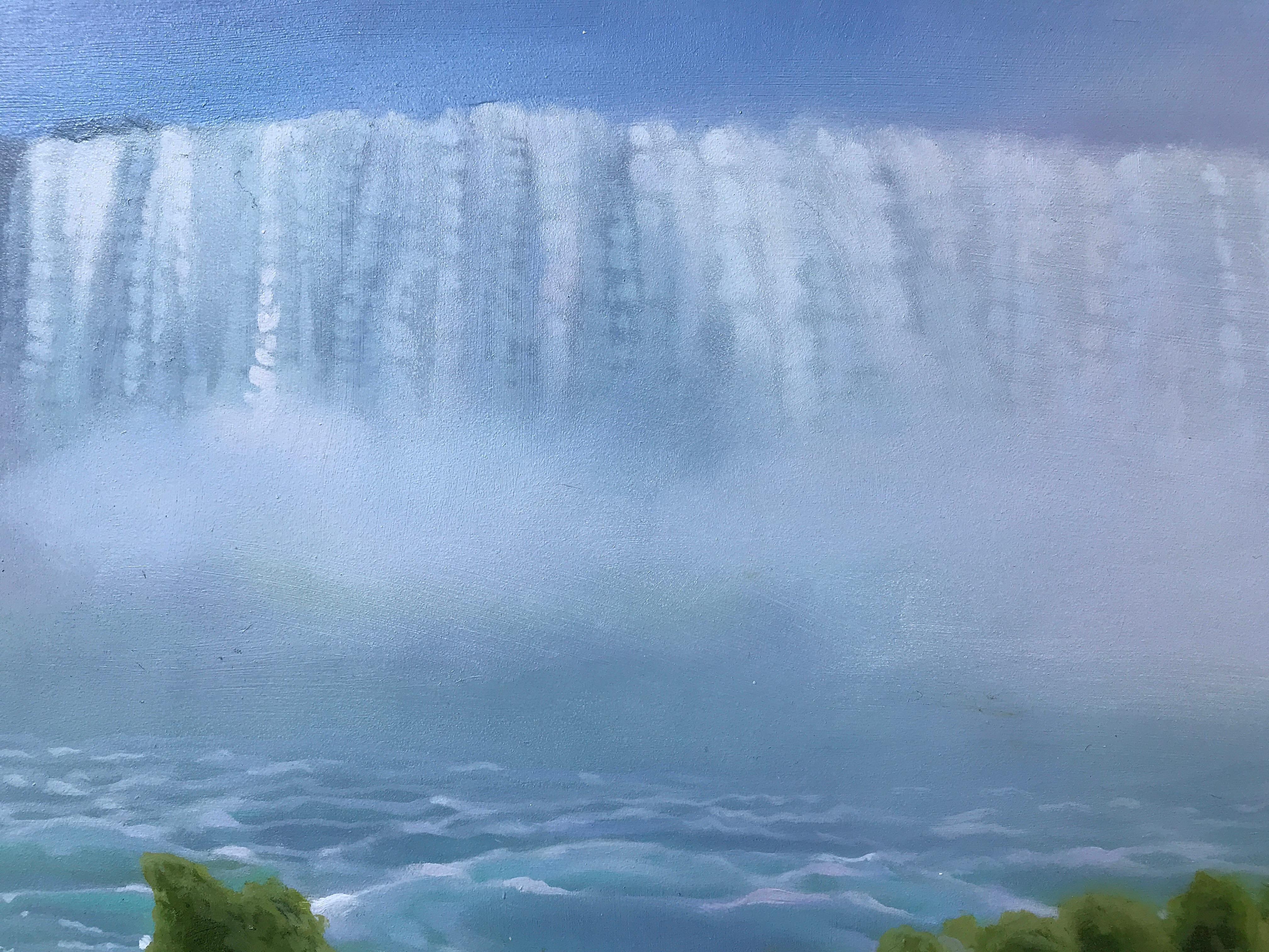 „Wasserfall mit Sprüh und Putten“ Kleine Landschaft mit Wasserfall, Himmel, Grün  (Fotorealismus), Painting, von Kimberly MacNeille