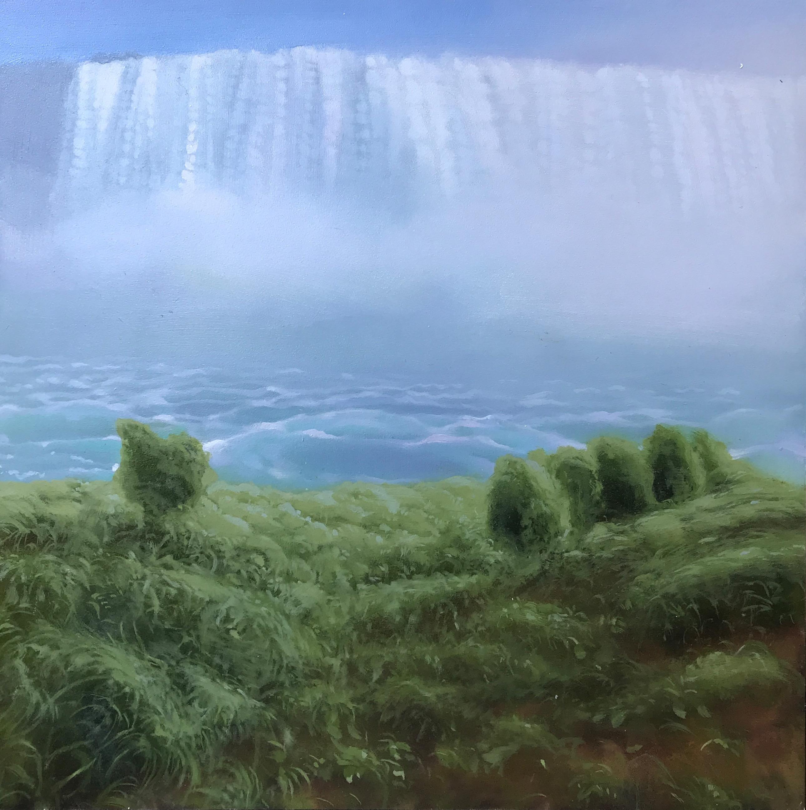 "Waterfall with Spray and Shrubs" Small Landscape with Waterfall, Sky, Greenery 
