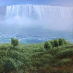 « Waterfall with Spray and Shrubs » - Petit paysage avec cascade, ciel, verdure