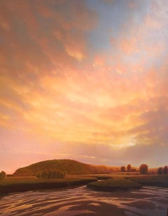 « Sunset on Golden Marsh »  Grand paysage avec ciel rose/orange et soleil couchant